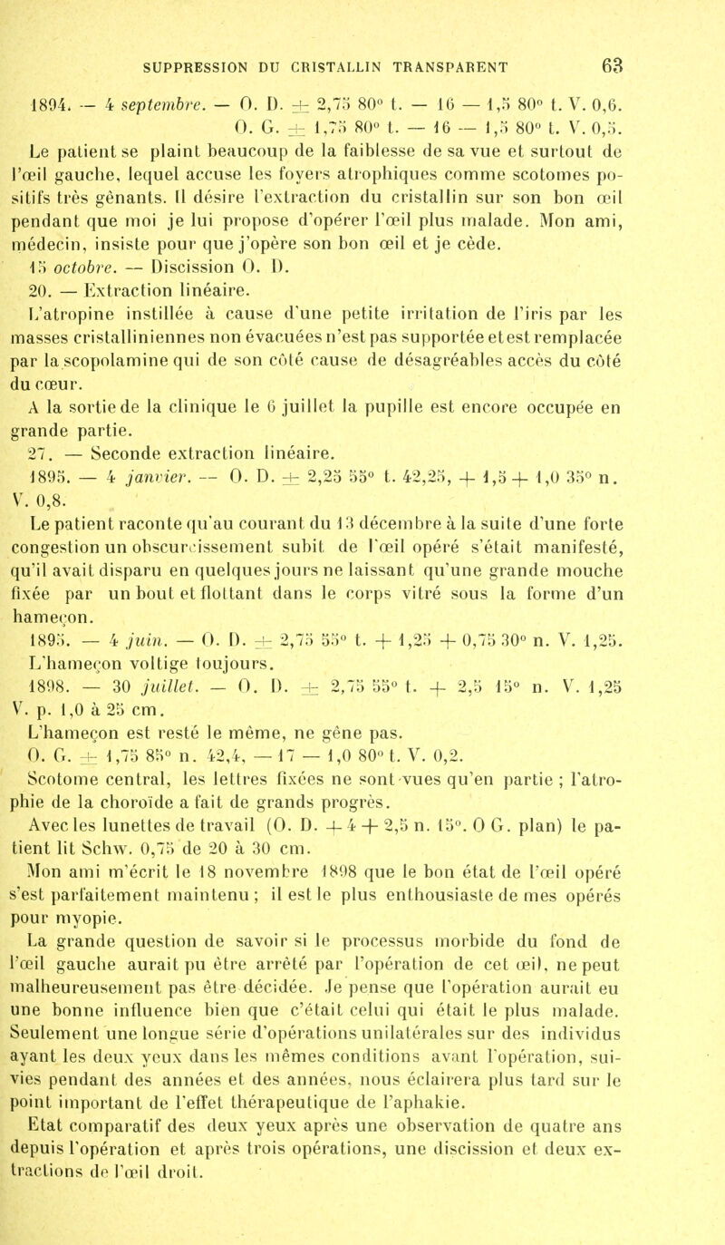 1894. — 4 septembre. — 0. I). + 2,75 80° t. — 16 — 1,5 80° t. V. 0,6. 0. G. ± 80° t. — 16 — 1,5 80° t. V. 0,5. Le patient se plaint beaucoup de la faiblesse de sa vue et surtout de l'œil gauche, lequel accuse les foyers atiophiques comme scotomes po- sitifs très gênants. Il désire l'extraction du cristallin sur son bon œil pendant que moi je lui propose d'ope'rer Fœil plus malade. Mon ami, médecin, insiste pour que j'opère son bon œil et je cède. 15 octobre. — Discission 0. I). 20. — Extraction linéaire. L'atropine instillée à cause d'une petite irritation de l'iris par les masses cristalliniennes non évacuées n'est pas supportée etest remplacée par la scopolamine qui de son côté cause de désagréables accès du côté du cœur. A la soi^tiede la clinique le 6 juillet la pupille est encore occupée en grande partie. 27. — Seconde extraction linéaire. 1895. — 4 janvier. — 0. D. ± 2,25 55° t. 42,25, -f 1,5 -f- 1,0 35° n. V. 0,8. Le patient raconte qu'au courant du 13 décembre à la suite d'une forte congestion un obscurcissement subit de l'œil opéré s'était manifesté, qu'il avait disparu en quelques jours ne laissant qu'une grande mouche fixée par un bout et flottant dans le corps vitré sous la forme d'un hameçon. 1895. — 4 juin. — 0. D. zt 2,75 55° t. + 1,25 -f 0,75 30° n. V. 1,25. L'hameçon voltige toujours. 1808. — 30 juillet. _ 0. D. + 2,75 55° t. + 2,5 15° n. V. 1,25 V. p. 1,0 à 25 cm. L'hameçon est resté le même, ne gêne pas. 0. G. ±: 1,75 85° n. 42,4, — 17 — 1,0 80° t. V. 0,2. Scotome central, les lettres fixées ne sont-vues qu'en partie ; l'atro- phie de la choroïde a fait de grands progrès. Avec les lunettes de travail (0. D. -4-4 + 2,5n. 15°. 0 G. plan) le pa- tient lit Schw. 0,75 de 20 à 30 cm. Mon ami m'écrit le 18 novembre 1898 que le bon état de l'œil opéré s'est parfaitement maintenu ; il est le plus enthousiaste de mes opérés pour myopie. La grande question de savoir si le processus morbide du fond de l'œil gauche aurait pu être arrêté par l'opération de cet œil, ne peut malheureusement pas être décidée. Je pense que l'opération aurait eu une bonne influence bien que c'était celui qui était le plus malade. Seulement une longue série d'opérations unilatérales sur des individus ayant les deux yeux dans les mêmes conditions avant l'opération, sui- vies pendant des années et des années, nous éclairera plus tard sur le point important de l'efïet thérapeutique de l'aphakie. Etat comparatif des deux yeux après une observation de quatre ans depuis l'opération et après trois opérations, une discission et deux ex- tractions do l'œil droit.