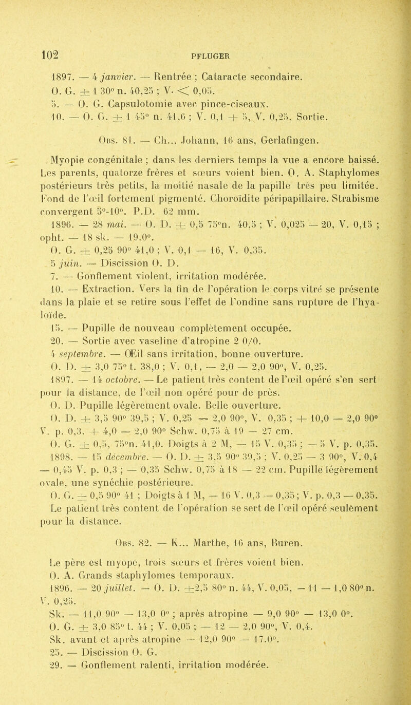 1897. — ^janvier. — Rentrée ; Cataracte secondaire. 0. G. ± 1 30° n. 40,25 ; V. < 0,0:3. 13. — 0. G. Gapsulotomie avec pince-ciseaux. dO. — 0. G. 1 45° n. 41,6 ; V. 0,1 + T), V. 0,2:3. Sortie. Obs. 81. — Gh... Johann, 16 ans, Gerlafîngen. . Myopie congénitale ; dans les derniers temps la vue a encore baissé. Les parents, quatorze frères et sœurs voient bien. 0. A. Staphylomes postérieurs très petits, la moitié nasale de la papille très peu limitée. Fond de l'œil fortement pigmenté. Ghoroïdite péripapillaire. Strabisme convergent 5°-10°. P.D. 62 mm. 1896. ~ 28 mai. - 0. D. ± 0,5 To^n. 40,5 ; V. 0,025 — 20, V. 0,15 ; opht. — 18 sk. — 19.0°. 0. G. d: 0,25 90° 41,0 ; V. 0,1 — 16, V. 0,35. 5 juin. — Discission 0. D. 7. — Gonflement violent, irritation modérée. 10. — Extraction. Vers la fin de l'opération le corps vitré se présente dans Ja plaie et se retire sous l'effet de Tondine sans rupture de Thya- loïde. 15. — Pupille de nouveau complètement occupée. 20. — Sortie avec vaseline d'atropine 2 0/0. 4 septembre. — (Eil sans irritation, bonne ouverture. 0. D. ± 3,0 75° t. 38,0 ; V. 0,1, ~ 2,0 — 2,0 90°, V. 0,25. 1897. — 14 octobre. — Le patient très content de l'œil opéré s'en sert pour la distance, de l'œil non opéré pour de près. 0. D. Pupille légèrement ovale. Belle ouverture. 0. D. ± 3,5 90° 39,5 ; V. 0,25 2,0 90°, V. 0,35 ; + 10,0 — 2,0 90° V. p. 0,3. H- 4,0 — 2,0 90° Schw. 0,75 à 19 — 27 cm. 0. G. ± 0,5, 75°n. 41,0. Doigts à 2 M, — 15 V. 0,35 ; — 5 V. p. 0,35. 1898. — 15 décembre. — 0. D. ^ 3,5 90° 39,5 ; Y. 0,25 — 3 90°, V. 0,4 — 0,45 V. p. 0,3 ; — 0,35 Schw. 0,75 à 18 — 22 cm. Pupille légèrement ovale, une synéchie postérieure. 0. G. zh 0,5 90° 41 ; Doigts à 1 M, — 16 V. 0,3 — 0,35 ; V. p. 0,3 — 0,35. Le patient très content de l'opération se sert de l'œil opéré seulèment pour la distance. Obs. 82. — K... Marthe, 16 ans, Buren. Le père est myope, trois sœurs et frères voient bien. 0. A. Grands staphylomes temporaux. 1896. — 20 juillet. - 0. D. ±2,5 80° n. 44, V. 0,05, - 11 — 1,0 80° n. V. 0,25. Sk. — 11,0 90° — 13,0 0°; après atropine — 9,0 90° — 13,0 0°. 0. G. + 3,0 85° t. 44 ; V. 0,05 ; — 12 — 2,0 90°, V. 0,4. Sk. avant et après atropine — 12,0 90° — 17.0°. 25. — Discission 0. G. 29. — Gonflement ralenti, irritation modérée.