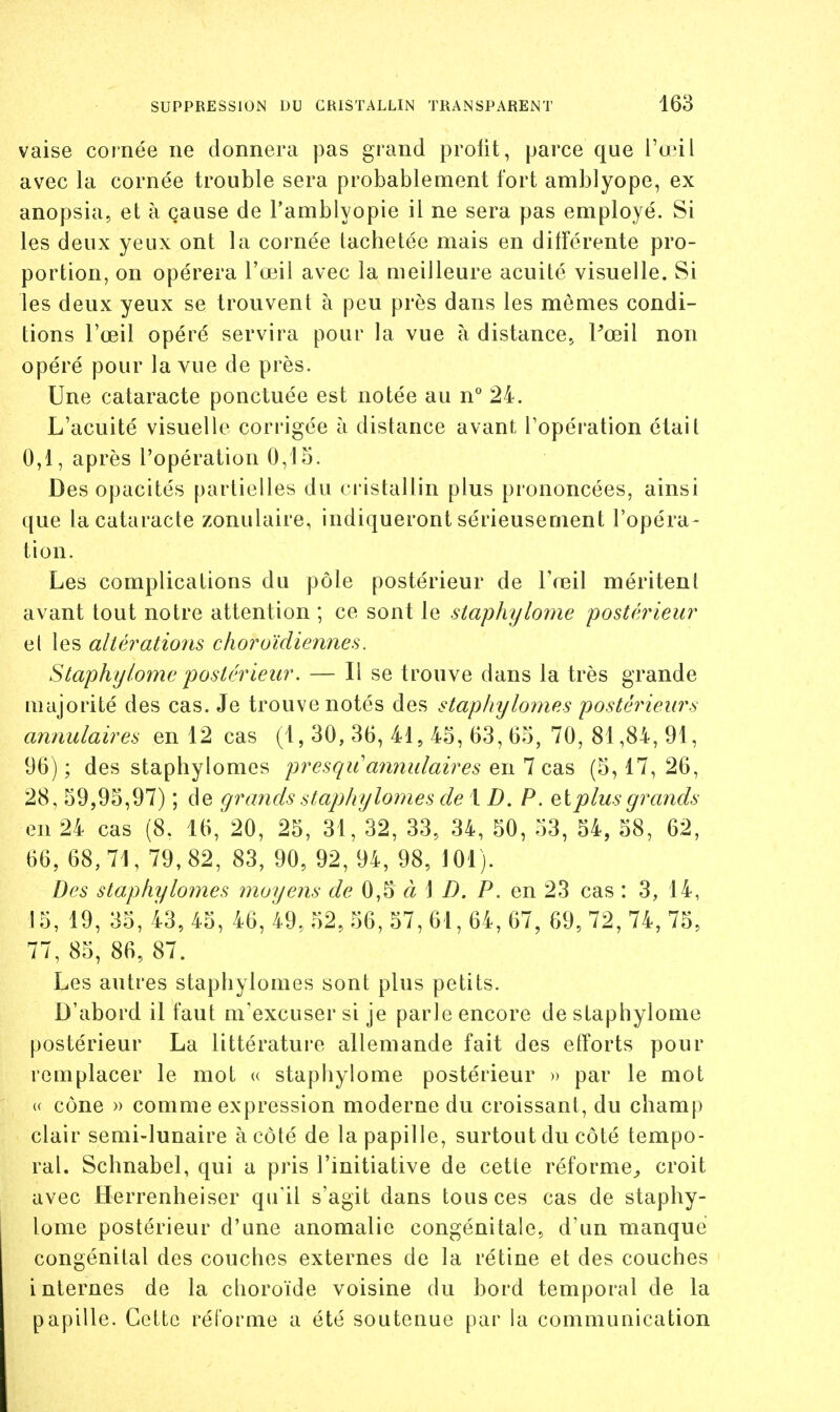 vaise cornée ne donnera pas grand prolit, parce que l'o'il avec la cornée trouble sera probablement fort amblyope, ex anopsia, et à cause de l'amblyopie il ne sera pas employé. Si les deux yeux ont la cornée tachetée mais en différente pro- portion, on opérera l'œil avec la meilleure acuité visuelle. Si les deux yeux se trouvent à peu près dans les mêmes condi- tions l'œil opéré servira pour la vue à distance., Pœil non opéré pour la vue de près. Une cataracte ponctuée est notée au n'* 24. L'acuité visuelle corrigée à distance avant l'opération était 0,1, après l'opération 0,15. Des opacités partielles du cristallin plus prononcées, ainsi que la cataracte zonulaire, indiqueront sérieusement l'opéra- tion. Les complications du pôle postérieur de l'œil méritent avant tout notre attention ; ce sont le staphylonie -postérieur el les altérations clioroidiennes. Staphylome postérieur. — Il se trouve dans la très grande majorité des cas. Je trouve notés des staphylomes postérieurs annulaires en 12 cas (1,30,36,41,45,63,65,70,81,84,91, 96) ; des staphylomes presqu annulaires en 7 cas (5,17, 26, 28, 59,95,97) ; de grands staphylomes de i D, P. ^ïplus grands en 24 cas (8. 16, 20, 25, 31, 32, 33, 34, 50, 53, 54, 58, 62, 66, 68,71, 79,82, 83, 90, 92, 94, 98, 101). Des staphylomes moyens de 0,5 à 1 D. P. en 23 cas : 3, 14, 15, 19, 35, 43, 45, 46, 49, 52, 56, 57, 61, 64, 67, 69, 72, 74, 75, 77, 85, 86, 87. Les autres staphylomes sont plus petits. D'abord il faut m'excuser si je parle encore de staphylome postérieur La littérature allemande fait des efforts pour remplacer le mot « staphylome postérieur » par le mot (( cône » comme expression moderne du croissant, du champ clair semi-lunaire à côté de la papille, surtout du côté tempo- ral. Schnabel, qui a pris l'initiative de cette réforme^ croit avec Herrenheiser qu'il s'agit dans tous ces cas de staphy- lome postérieur d'une anomalie congénitale, d'un manque congénital des couches externes de la rétine et des couches internes de la choroïde voisine du bord temporal de la papille. Cette réforme a été soutenue par la communication