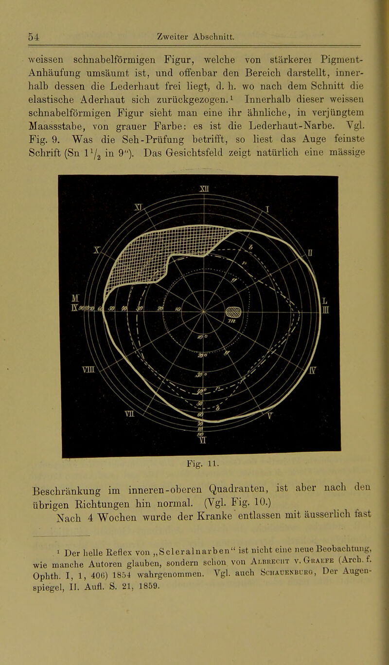 weissen schnabelförmigen Figur, welche von stärkerei Pigment- Anhäufung umsäumt ist, und offenbar den Bereich darstellt, inner- halb dessen die Lederhaut frei liegt, d. h. wo nach dem Schnitt die elastische Aderhaut sich zurückgezogen.1 Innerhalb dieser weissen schnabelförmigen Figur sieht man eine ihr ähnliche, in verjüngtem Maassstabe, von grauer Farbe: es ist die Lederhaut-Narbe. Vgl. Fig. 9. Was die Seh-Prüfung betrifft, so liest das Auge feinste Schrift (Sn l1^ in 9). Das Gesichtsfeld zeigt natürlich eine massige Fig. 11. Beschränkung im inneren-oberen Quadranten, ist aber nach den übrigen Kichtungen hin normal. (Vgl. Fig. 10.) Nach 4 Wochen wurde der Kranke entlassen mit äusserlich fast • Der helle Reflex von „Scleralnarben ist nicht eine neue Beobachtung, wie manche Autoren glauben, sondern schon von Albreciit v. Ghakfe (Arch.f. Ophth. 1, 1, 406) 1854 wahrgenommen. Vgl. auch Schauenburg, Der Augen- spiegel, II. Aufl. S. 21, 1859.