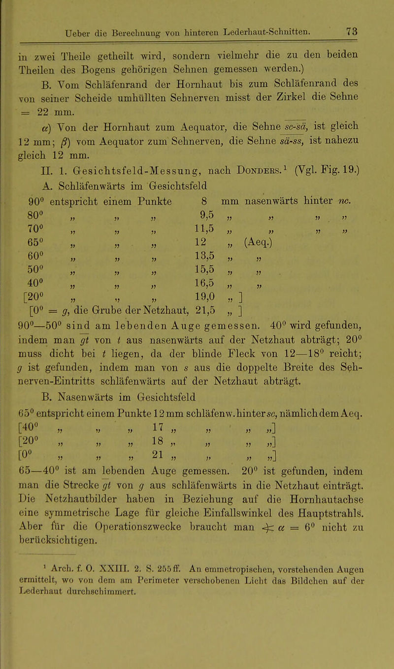 in zwei Theile getheilt wird, sondern vielmehr die zu den beiden Theilen des Bogens gehörigen Sehnen gemessen werden.) B. Vom Schläfenrand der Hornhaut bis zum Schläfenrand des von seiner Scheide umhüllten Sehnerven misst der Zirkel die Sehne = 22 mm. a) Von der Hornhaut zum Aequator, die Sehne sc-sä, ist gleich 12 mm; ß) vom Aequator zum Sehnerven, die Sehne sä-ss, ist nahezu gleich 12 mm. IL 1. Gesichtsfeld-Messung, nach Donders.1 (Vgl. Fig. 19.) A. Schläfenwärts im Gesichtsfeld 90° entspricht einem Punkte 8 mm nasenwärts hinter nc. 80° „ „ „ 9,5 „ „ „ „ 70° „ „ „ 11,5 „ „ „ y 65° „ „ „ 12 „ (Aeq.) 60° „ „ „ 13,5 „ „ 50° „ „ „ 15,5 40° „ „ ,, 16,5 [20° „ „ „ 19,0 „ ] [0° = g, die Grube der Netzhaut, 21,5 „ ] 90°—50° sind am lebenden Auge gemessen. 40° wird gefunden, indem man gt von t aus nasenwärts auf der Netzhaut abträgt; 20° muss dicht bei t liegen, da der blinde Fleck von 12—18° reicht; g ist gefunden, indem man von s aus die doppelte Breite des Seh- nerven-Eintritts schläfenwärts auf der Netzhaut abträgt. B. Nasenwärts im Gesichtsfeld 65° entspricht einem Punkte 12mm schläfenw. hinter sc, nämlich dem Aeq. [40° „ „ „ 17 „ „ „ [20 » » » 18 „ „ „ „] [0 v » » 21 „ „ „ „] 65—40° ist am lebenden Auge gemessen. 20° ist gefunden, indem man die Strecke gt von g aus schläfenwärts in die Netzhaut einträgt. Die Netzhautbilder haben in Beziehung auf die Hornhautachse eine symmetrische Lage für gleiche Einfallswinkel des Hauptstrahls. Aber für die Operationszwecke braucht man -^z a = 6° nicht zu berücksichtigen. 1 Arch. f. 0. XXIII. 2. S. 255ff. An emmetropischen, vorstehenden Augen ermittelt, wo von dem am Perimeter verschobenen Licht das Bildchen auf der Lederhaut durchschimmert.