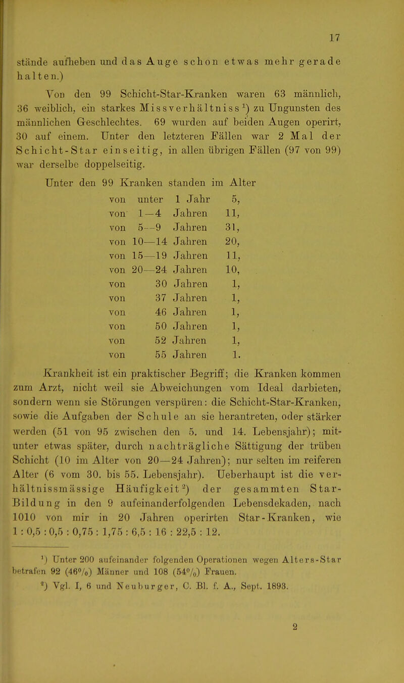 stände auflieben und das Auge schon etwas mehr gerade halten.) Von den 99 Schicht-Star-Kranken waren 63 männlich, 36 weiblich, ein starkes Miss Verhältnis s x) zu Ungunsten des männlichen Geschlechtes. 69 wurden auf beiden Augen operirt, 30 auf einem. Unter den letzteren Fällen war 2 Mal der Schicht-Star einseitig, in allen übrigen Fällen (97 von 99) war derselbe doppelseitig. Unter den 99 Kranken standen im Alter von unter 1 Jahr 5, von 1- -4 Jahren 11, von 5- -9 Jahren 31, von 10- -14 Jahren 20, von 15- -19 J ahren 11, von 20- -24 Jahren 10, von 30 Jahren 1, von 37 Jahren 1, von 46 J ahren 1, von 50 Jahren 1, von 52 Jahren 1, von 55 Jahren 1. Krankheit ist ein praktischer Begriff; die Kranken kommen zum Arzt, nicht weil sie Abweichungen vom Ideal darbieten, sondern wenn sie Störungen verspüren: die Schicht-Star-Kranken, sowie die Aufgaben der Schule an sie herantreten, oder stärker werden (51 von 95 zwischen den 5. und 14. Lebensjahr); mit- unter etwas später, durch nachträgliche Sättigung der trüben Schicht (10 im Alter von 20—24 Jahren); nur selten im reiferen Alter (6 vom 30. bis 55. Lebensjahr). Ueberhaupt ist die ver- hältnissmässige Häufigkeit2) der gesammten Star- Bildung in den 9 aufeinanderfolgenden Lebensdekaden, nach 1010 von mir in 20 Jahren operirten Star - Kranken, wie 1 : 0,5 :0,5 : 0,75 : 1,75 : 6,5 : 16 : 22,5 : 12. ') Unter 200 aufeinander folgenden Operationen wegen Alters-Star betrafen 92 (46%) Männer und 108 (54%) Frauen. a) Vgl. I, 6 und Neuburger, C. Bl. f. A., Sept. 1893. 2