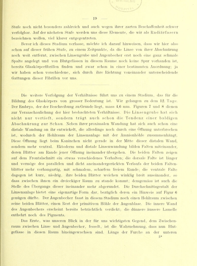 Stufe noch nicht besonders zahlreich und auch wegen ihrer zarten Beschaffenheit schwer verfolgbar. Auf der nächsten Stufe werden uns diese Elemente, die wir als Radiärfasern bezeichnen wollen, viel klarer entgegentreten. Bevor ich dieses Stadium verlasse, möchte ich darauf hinweisen, dass wir hier also schon auf dieser frühen Stufe, zu einem Zeitpunkte, da die Linse von ihrer Abschnürung noch weit entfernt, zwischen Linsengrube und Augenbecher erst noch eine ganz schmale Spalte angelegt und von Blutgefässen in diesem Räume noch keine Spur vorhanden ist, bereits Glaskörperfibrillen finden und zwar schon in einer bestimmten Anordnung; ja wir haben schon verschiedene, sich durch ihre Richtung voneinander unterscheidende Gattungen dieser Fibrillen vor uns. Die weitere Verfolgung der Verhältnisse führt uns zu einem Stadium, das für die Bildung des Glaskörpers von grosser Bedeutung ist. Wir gelangen zu dem 12. Tage. Der Embryo, der der Beschreibung zu Grunde liegt, mass 4,6 mm. Figuren 7 und 8 dienen zur Veranschaulichung der hier beobachteten Verhältnisse. Die Linsengrube hat sich nicht nur vertieft, sondern trägt auch schon die Tendenz einer baldigen Abschnürung zur Schau. Neben ihrer proximalen Wandung hat sich auch schon eine distale Wandung an ihr entwickelt, die allerdings noch durch eine Öffnung unterbrochen ist, wodurch der Hohlraum der Linsenanlage mit der Amnionhöhle zusammenhängt. Diese Öffnung liegt beim Kaninchen nicht gerade in der Mitte dieser distalen Wand, sondern mehr ventral. Ektoderm und distale Linsenwandung bilden Falten miteinander, deren Blätter am Rande jener Öffnung ineinander übergehen. Die beiden Falten zeigen auf dem Frontalschnitt ein etwas verschiedenes Verhalten; die dorsale Falte ist länger und vermöge des parallelen und dicht aneinandergerückten Verlaufs der beiden Falten- blätter mehr vorhangartig, mit schmalem, scharfem freiem Rande; die ventrale Falte dagegen ist kurz, niedrig, ihre beiden Blätter weichen winklig breit auseinander, so dass zwischen ihnen ein dreieckiger Raum zu stände kommt; demgemäss ist auch die Stelle des Übergangs dieser ineinander mehr abgerundet. Die Durchschnittsgestalt der Linsenanlage bietet eine eigenartige Form dar, bezüglich deren ein Hinweis auf Figur 6 genügen dürfte. Der Augenbecher fasst in diesem Stadium noch einen Hohlraum zwischen seine beiden Blätter, einen Rest der primitiven Höhle der Augenblase. Die innere Wand des Augenbechers erscheint bereits beträchtlich verdickt; die dünnere äussere Lamelle entbehrt noch des Pigments. Das Erste, was unseren Blick in der für uns wichtigsten Gegend, dem Zwischen- raum zwischen Linse und Augenbecher, fesselt, ist die Wahrnehmung, dass nun Blut- gefässe in diesen Raum hineingewachsen sind. Längs der Furche an der unteren 3*