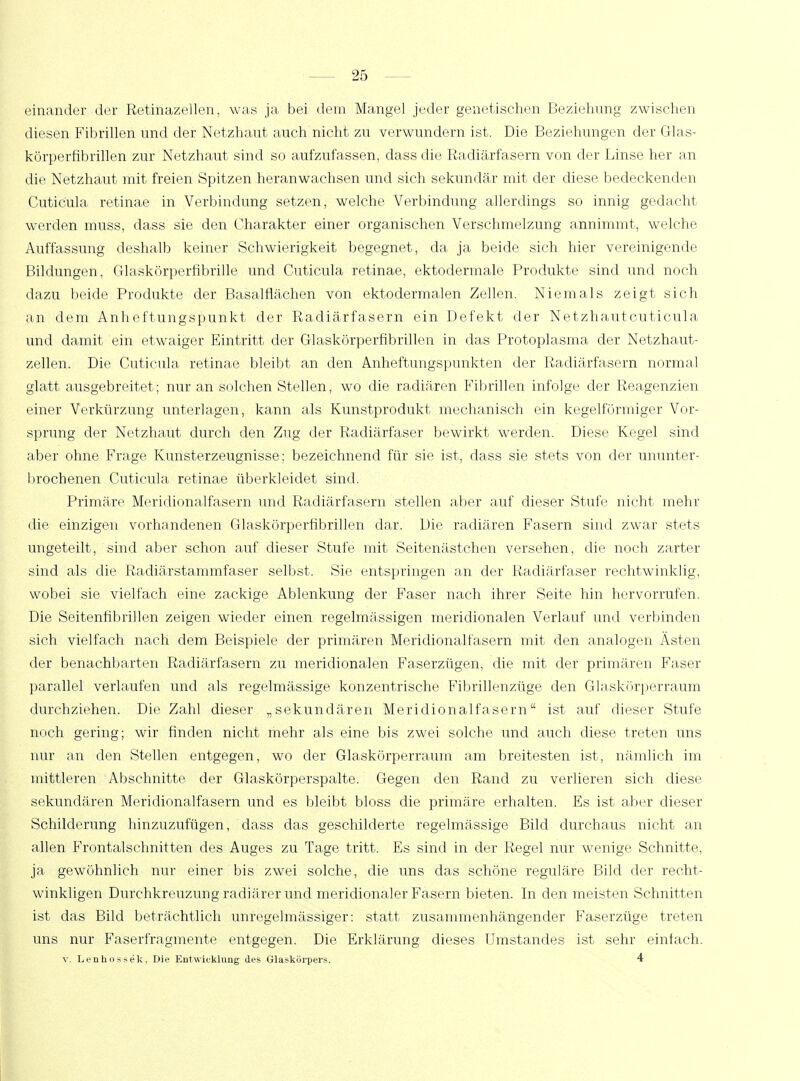 einander der Retinazellen, was ja bei dem Mangel jeder genetischen Beziehung zwischen diesen Fibrillen und der Netzhaut auch nicht zu verwundern ist. Die Beziehungen der Glas- körpernbrillen zur Netzhaut sind so aufzufassen, dass die Radiärfasern von der Linse her an die Netzhaut mit freien Spitzen heranwachsen und sich sekundär mit der diese bedeckenden Cutic'ula retinae in Verbindung setzen, welche Verbindung allerdings so innig gedacht werden muss, dass sie den Charakter einer organischen Verschmelzung annimmt, welche Auffassung deshalb keiner Schwierigkeit begegnet, da ja beide sich hier vereinigende Bildungen, Glaskörperfibrille und Cuticula retinae, ektodermale Produkte sind und noch dazu beide Produkte der Basalflächen von ektodermalen Zellen. Niemals zeigt sich an dem Anh eftungspunkt der Radiärfasern ein Defekt der Netzhaut cuticula und damit ein etwaiger Eintritt der Glaskörperfibrillen in das Protoplasma der Netzhaut- zellen. Die Cuticula retinae bleibt an den Anheftungspunkten der Radiärfasern normal glatt ausgebreitet; nur an solchen Stellen, wo die radiären Fibrillen infolge der Reagenzien einer Verkürzung unterlagen, kann als Kunstprodukt mechanisch ein kegelförmiger Vor- sprung der Netzhaut durch den Zug der Radiärfaser bewirkt werden. Diese Kegel sind aber ohne Frage Kunsterzeugnisse: bezeichnend für sie ist, dass sie stets von der ununter- brochenen Cuticula retinae überkleidet sind. Primäre Meridionalfasern und Radiärfasern stellen aber auf dieser Stufe nicht mehr die einzigen vorhandenen Glaskörperfibrillen dar. Die radiären Fasern sind zwar stets ungeteilt, sind aber schon auf dieser Stufe mit Seitenästchen versehen, die noch zarter sind als die Radiärstammfaser selbst. Sie entspringen an der Radiärfaser rechtwinklig, wobei sie vielfach eine zackige Ablenkung der Faser nach ihrer Seite hin hervorrufen. Die Seitenfibrillen zeigen wieder einen regelmässigen meridionalen Verlauf und verbinden sich vielfach nach dem Beispiele der primären Meridionalfasern mit den analogen Ästen der benachbarten Radiärfasern zu meridionalen Faserzügen, die mit der primären Faser parallel verlaufen und als regelmässige konzentrische Fibrillenzüge den Glaskörper räum durchziehen. Die Zahl dieser „sekundären Meridionalfasern ist auf dieser Stufe noch gering; wir finden nicht mehr als eine bis zwei solche und auch diese treten uns nur an den Stellen entgegen, wo der Glaskörperraum am breitesten ist, nämlich im mittleren Abschnitte der Glaskörperspalte. Gegen den Rand zu verlieren sich diese sekundären Meridionalfasern und es bleibt bloss die primäre erhalten. Es ist aber dieser Schilderung hinzuzufügen, dass das geschilderte regelmässige Bild durchaus nicht an allen Frontalschnitten des Auges zu Tage tritt. Es sind in der Regel nur wenige Schnitte, ja gewöhnlich nur einer bis zwei solche, die uns das schöne reguläre Bild der recht- winkligen Durchkreuzung radiärer und meridionaler Fasern bieten. In den meisten Schnitten ist das Bild beträchtlich unregelmässiger: statt zusammenhängender Faserzüge treten uns nur Faserfragmente entgegen. Die Erklärung dieses Umstandes ist sehr einfach. v. Lenhossek, Die Entwicklung des Glaskörpers. 4