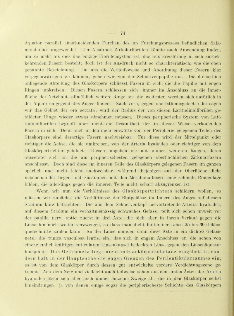 Äquator parallel einschneidenden Furchen des im Furchungsprozess befindlichen Sala- mandereies angewendet. Der Ausdruck Zirkularfibrillen könnte auch Anwendung finden, um so mehr als dies das einzige Fibrillensystem ist, das aus kreisförmig in sich zurück- kehrenden Fasern besteht; doch ist der Ausdruck nicht so charakteristisch, wie die oben genannte Bezeichnung. Um uns die Verlaufsweise und Anordnung dieser Fasern klar vergegenwärtigen zu können, gehen wir von der Sehnervenpapille aus. Die ihr seitlich anliegende Abteilung des Glaskörpers schliesst Fasern in sich, die die Papille mit engen Ringen umkreisen. Diesen Fasern schliessen sich, immer im Anschluss an die Innen- fläche der Netzhaut, allmählich weitere Ringe an; die weitesten werden sich natürlich in der Äquatorialgegend des Auges finden. Nach vorn, gegen das Isthmusgebiet, oder sagen wir das Gebiet der ora serrata. wird der Radius der von diesen Latitudinalfibrillen ge- bildeten Ringe wieder etwas abnehmen müssen. Dieses peripherische System von Lati- tudinalfibrillen begreift aber nicht die Gesamtheit der in dieser Weise verlaufenden Fasern in sich. Denn auch in den mehr einwärts von der Peripherie gelegenen Teilen des Glaskörpers sind derartige Fasern nachweisbar. Für diese wird der Mittelpunkt oder richtiger die Achse, die sie umkreisen, von der Arteria hyaloidea oder richtiger von dem Glaskörpertrichter gebildet. Diesen umgeben sie mit immer weiteren Ringen, deren äusserster sich an die am peripherischesten gelegenen oberflächlichen Zirkularfasern anschliesst. Doch sind diese im inneren Teile des Glaskörpers gelegenen Fasern im ganzen spärlich und nicht leicht nachweisbar, während diejenigen auf der Oberfläche dicht nebeneinander liegen und zusammen mit den Meridionalfasern eine schmale Rindenlage bilden, die allerdings gegen die inneren Teile nicht scharf abzugrenzen ist. Wenn wir nun die Verhältnisse des Glaskörpertrichters schildern wollen, so müssen wir zunächst die Verhältnisse der Blutgefässe im Innern des Auges auf diesem Stadium kurz betrachten. Die aus dem Sehnervenkopf hervortretende Arteria hyaloidea, auf diesem Stadium ein verhältnismässig schwaches Gefäss, teilt sich schon unweit vor der papilla nervi optici zuerst in drei Äste, die sich aber in ihrem Verlauf gegen die Linse hin noch weiter verzweigen, so dass man dicht hinter der Linse 25 bis 30 Gefäss- querschnitte zählen kann. An der Linse münden dann diese Äste in ein dichtes Gefäss- netz. die tunica vasculosa lentis, ein, das sich in engem Anschluss an die schon von einer ziemlich kräftigen cuticularen Linsenkapsel bedeckten Linse gegen den Linsenäquator hinspinnt. Das Gefässnetz liegt nicht in Glaskörpersubstanz eingebettet, son- dern hält in der Hauptsache die engen Grenzen des Perilentikularraumes ein; es ist von dem Glaskörper durch dessen gut entwickelte vordere Verdichtungszone ge- trennt. Aus dem Netz und vielleicht auch teilweise schon aus den ersten Ästen der Arteria hyaloidea lösen sich aber noch immer einzelne Zweige ab, die in den Glaskörper selbst hineindringen, ja von denen einige sogar die peripherischeste Schichte des Glaskörpers