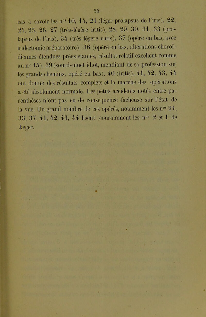 cas à savoir les us 10, 14, 21 (léger prolapsus de l'iris), 22, 24, 25, 26, 27 (très-légère iritis), 28, 29, 30, 31, 33 (pro- lapsus de l'iris), 34 (très-légère iritis), 37 (opéré en bas, avec iridectomie préparatoire), 38 (opéré en bas, altérations choroï- diennes étendues préexistantes, résultat relatif excellent comme au n° 15), 39 (sourd-muet idiot, mendiant de-sa profession sur les grands chemins, opéré en bas), 40 (iritis), 41, 42, 43, 44 ont donné des résultats complets et la marche des opérations a été absolument normale. Les petits accidents notés entre pa- renthèses n'ont pas eu de conséquence fâcheuse sur l'état de la vue. Un grand nombre de ces opérés, notamment les nos 24, 33, 37, 41, 42, 43, 44 lisent couramment les nos 2 et 1 de Jaeger.