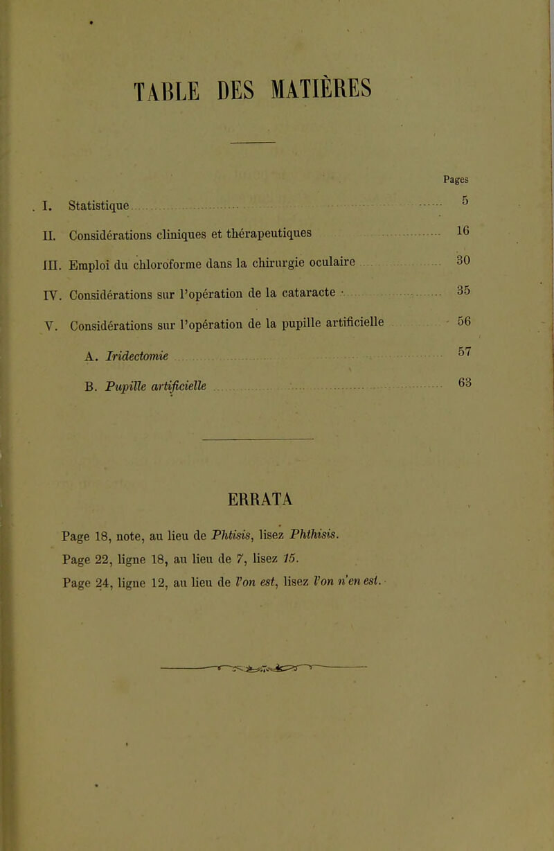 I. Statistique II. Considérations cliniques et thérapeutiques m. Emploi du chloroforme dans la chirurgie oculaire IV. Considérations sur l'opération de la cataracte • V. Considérations sur l'opération de la pupille artificielle A. Iridectomie B. Pupille artificielle ERRATA Page 18, note, au lieu de Phtisis, lisez Phthisis. Page 22, ligne 18, au lieu de 7, lisez 15. Page 24, ligne 12, au lieu de l'on est, lisez l'on n'en est. ■ *—^^z**àsz*r~i~- Pages 5 16 30 35 56 57 63