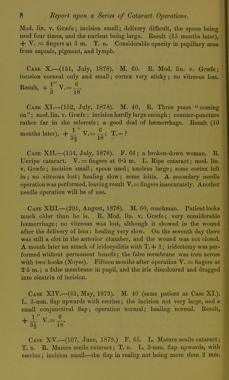 Mod. lin. V. Grajfe; incision small; delivery difficult, the spoon being used four times, and the nucleus being large. Result (15 months later), + V. = fingers at 3 m. T. n. Considerable opacity in pupillary area from capsule, pigment, and lymph. Case X.—(151, July, 1878). M. 60. R. Mod. lin. v. Grajfe; incision corneal only and small; cortex very sticky; no vitreous lost. Result, +-y.= 1-. ' 3 18 Case XL—(152, July, 1878). M. 40. R. Three years coming on; mod. lin. V. Grzefe ; incision hardly large enough; counter-puncture rather far in the sclerotic; a good deal of haemorrhage. Result (10 1  6 months later), + ^•——o' T.—? H 18 Case XII.—(154, July, 1878). F. 66 ; a broken-down woman. R. Unripe cataract. V. = fingers at 0*5 m. L. Ripe cataract; mod. lin. V. Grsefe; incision small; spoon used; nucleus large; some cortex left in ; no vitreous lost; healing slow; some iritis. A secondary needle operation was performed, leaving result V.=fingers inaccurately. Another needle operation will be of use. Case XIII.—(291, August, 1878). M. 60, coachman. Patient looks much older than he is. R. Mod. lin. v. Grsefe; very considerable haemorrhage; no vitreous was lost, although it showed in the wound after the delivery of lens ; healing very slow. On the seventh day there was still a clot in the anterior chamber, and the wound was not closed. A month later an attack of iridocyclitis with T.-f 1; iridectomy was per- formed without permanent benefit; the false membrane was torn across with two hooks (Noyes). Fifteen months after operation V. = fingers at 2*5 m.; a false membrane in pupil, and the iris discoloured and dragged into cicatrix of incision. Case XIV.—(61, May, 1879). M. 40 (same patient as Case XI.). L. 3-mm. flap upwards with eserine; the incision not very large, and a small conjunctival flap; operation normal; healing normal. Result, 1  6 3^ 1» Case XV.—(107, June, 1879.) F. 65. L. Mature senile cataract; T. n. R. Mature senile cataract; T. n. L. 3-mm. flap upwards, with eserine; incision small—the flap in reality not being more than 2 mm.