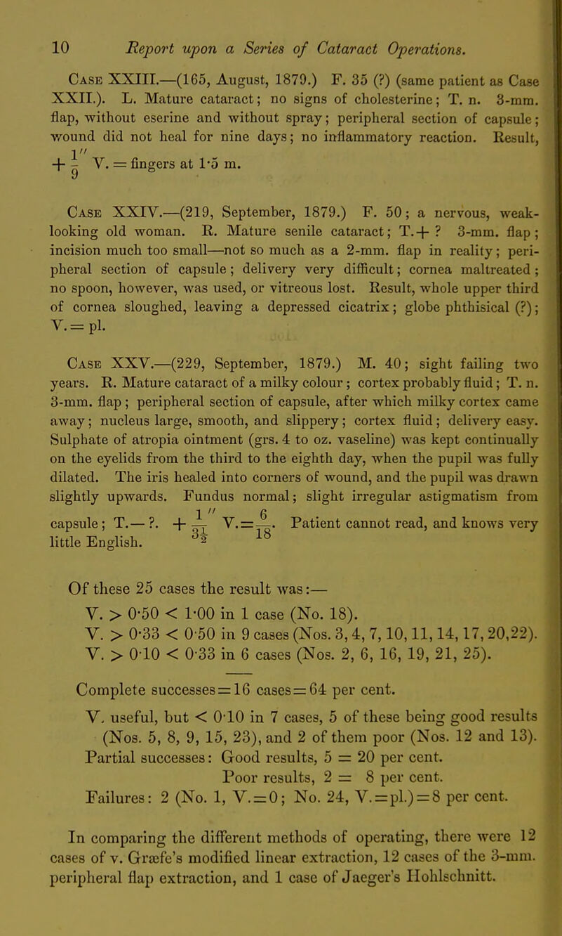 Case XXIII.—(165, August, 1879.) F. 35 (?) (same patient as Case XXII.). L. Mature cataract; no signs of cholesterine; T. n. 3-mm. flap, without eserine and without spray; peripheral section of capsule; wound did not heal for nine days; no inflammatory reaction. Result, 1 + - V. = fingers at I'o m. Case XXIV.—(219, September, 1879.) F. 50; a nervous, weak- looking old woman. R. Mature senile cataract; T.-}-? 3-mm. flap; incision much too small—not so much as a 2-mm. flap in reality; peri- pheral section of capsule; delivery very difiicult; cornea maltreated ; no spoon, however, was used, or vitreous lost. Result, whole upper third of cornea sloughed, leaving a depressed cicatrix; globe phthisical (?); V.= pl. Case XXV.—(229, September, 1879.) M. 40; sight failing two years. R. Mature cataract of a milky colour; cortex probably fluid; T. n. 3-mm. flap ; peripheral section of capsule, after which milky cortex came away; nucleus large, smooth, and slippery; cortex fluid; delivery easy. Sulphate of atropia ointment (grs. 4 to oz. vaseline) was kept continually on the eyelids from the third to the eighth day, Avhen the pupil was fully dilated. The iris healed into corners of wound, and the pupil was drawn slightly upwards. Fundus normal; slight irregular astigmatism from 1  6 capsule; T.— ?. + ^'~~q' ^^^^^^^ cannot read, and knows very little English. ^2 ^8 Of these 25 cases the result was:— V. > 0-50 < 1-00 in 1 case (No. 18). V. > 0-33 < 0 50 in 9 cases (Nos. 3,4, 7,10,11,14,17,20,22). V. > 010 < 0-33 in 6 cases (Nos. 2, 6, 16, 19, 21, 25). Complete successe8=16 cases=64 per cent. V. useful, but < O'lO in 7 cases, 5 of these being good results (Nos. 5, 8, 9, 15, 23), and 2 of them poor (Nos. 12 and 13). Partial successes: Good results, 5 = 20 per cent. Poor results, 2=8 per cent. Pailures: 2 (No. 1, V. = 0; No. 24, V.=pl.) = 8 per cent. In comparing the different methods of operating, there were 12 cases of v. Graife's modified linear extraction, 12 cases of the 3-nim. peripheral flap extraction, and 1 case of Jaeger's Hohlschnitt.