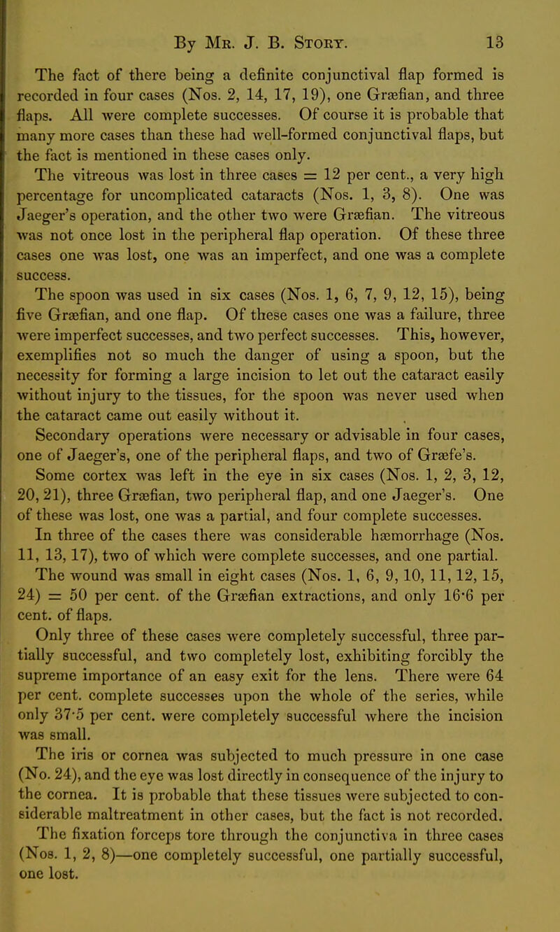 The fact of there being a definite conjunctival flap formed is recorded in four cases (Nos. 2, 14, 17, 19), one Graefian, and three flaps. All were complete successes. Of course it is probable that many more cases than these had well-formed conjunctival flaps, but the fact is mentioned in these cases only. The vitreous was lost in three cases = 12 per cent., a very high percentage for uncomplicated cataracts (Nos. 1, 3, 8). One was Jaeger's operation, and the other two were Graefian. The vitreous was not once lost in the peripheral flap operation. Of these three cases one was lost, one was an imperfect, and one was a complete success. The spoon was used in six cases (Nos. 1, 6, 7, 9, 12, 15), being five Grjefian, and one flap. Of these cases one was a failure, three were imperfect successes, and two perfect successes. This, however, exemplifies not so much the danger of using a spoon, but the necessity for forming a large incision to let out the cataract easily without injury to the tissues, for the spoon was never used when the cataract came out easily without it. Secondary operations were necessary or advisable in four cases, one of Jaeger's, one of the peripheral flaps, and two of Griefe's. Some cortex was left in the eye in six cases (Nos. 1, 2, 3, 12, 20, 21), three Graefian, two peripheral flap, and one Jaeger's. One of these was lost, one was a partial, and four complete successes. In three of the cases there was considerable hjemorrhage (Nos. 11, 13,17), two of which were complete successes, and one partial. The wound was small in eight cases (Nos. 1, 6, 9,10, 11,12,15, 24) = 50 per cent, of the Graefian extractions, and only 166 per cent, of flaps. Only three of these cases were completely successful, three par- tially successful, and two completely lost, exhibiting forcibly the supreme importance of an easy exit for the lens. There were 64 per cent, complete successes upon the whole of the series, while only 37'5 per cent, were completely successful where the incision was small. The iris or cornea was subjected to much pressure in one case (No. 24), and the eye was lost directly in consequence of the injury to the cornea. It is probable that these tissues were subjected to con- siderable maltreatment in other cases, but the fact is not recorded. The fixation forceps tore through the conjunctiva in three cases (Nos. 1, 2, 8)—one completely successful, one partially successful, one lost.