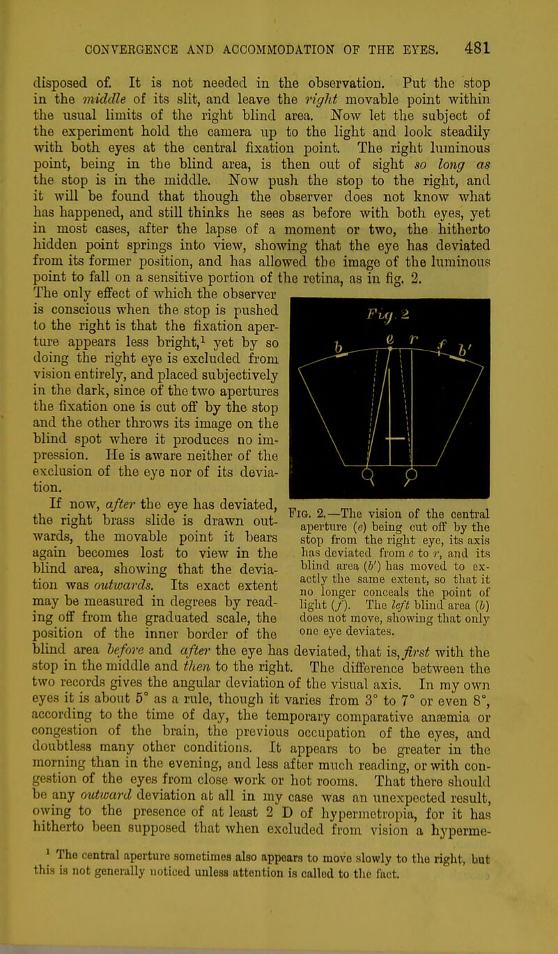 disposed of. It is not needed in the observation. Put the stop in the middle of its slit, and leave the right movable point within the usual limits of the right blind area. Now let the subject of the experiment hold the camera up to the light and look steadily with both eyes at the central fixation point. The right luminous point, being in the blind area, is then out of sight so long as the stop is in the middle. Now push the stop to the right, and it will be found that though the observer does not know what has happened, and still thinks he sees as before with both eyes, yet in most cases, after the lapse of a moment or two, the hitherto hidden point springs into view, showing that the eye has deviated from its former position, and has allowed the image of the luminous point to fall on a sensitive portion of the retina, as in fig. 2. The only effect of which the observer is conscious when the stop is pushed to the right is that the fixation aper- ture appears less bright,1 yet by so doing the right eye is excluded from vision entirely, and placed subjectively in the dark, since of the two apertures the fixation one is cut off by the stop and the other throws its image on the blind spot where it produces no im- pression. He is aware neither of the exclusion of the eye nor of its devia- tion. If now, after the eye has deviated, the right brass slide is drawn out- wards, the movable point it bears again becomes lost to view in the blind area, showing that the devia- tion was outwards. Its exact extent may be measured in degrees by read- ing off from the graduated scale, the position of the inner border of the blind area before and after the eye has deviated, that is, first with the stop in the middle and then to the right. The difference between the two records gives the angular deviation of the visual axis. In my own eyes it is about 5° as a rule, though it varies from 3° to 7° or even 8°, according to the time of day, the temporary comparative anaemia or congestion of the brain, the previous occupation of the eyes, and doubtless many other conditions. It appears to be greater in the morning than in the evening, and less after much reading, or with con- gestion of the eyes from close work or hot rooms. That there should be any outward deviation at all in my case was an unexpected result, owing to the presence of at least 2 D of hypermetropic for it has hitherto been supposed that when excluded from vision a hyperme- 1 Tho central aperturo sometimes also appears to movo slowly to the right, but this is not generally noticed unless attention is called to the fact. FlAJ. > r f 1 4 i Fig. 2.—The vision of the central aperture (e) being cut off by the stop from the right eye, its axis lias deviated from c to r, and its blind area (&') has moved to ex- actly the same extent, so that it no longer conceals the point of light (/). The left blind area (6) does not move, showing that only one eye deviates.