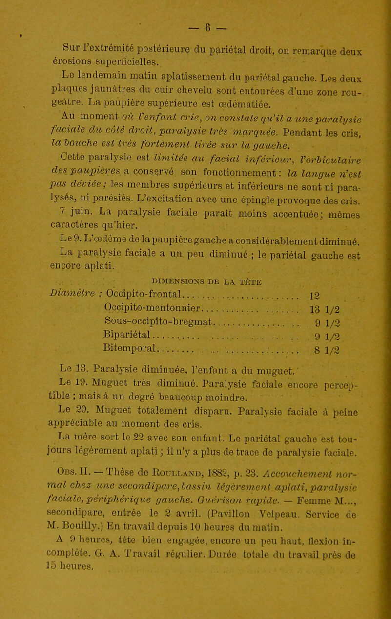 Sur l'extrémité postérieure du pariétal droit, on remarque deux érosions superficielles. Le lendemain matin aplatissement du pariétal gauche. Les deux l)laque8 jaunâtres du cuir chevelu sont entourées d'une zone rou- geâtre. La paupière supérieure est œdématiée. Au moment où Venfanl crie, on comlale qu'il a une paralysie faciale du côté droit, paimlysie très marquée. Pendant les cris, la bouche est très fortement tirée sur la gauche. Cette paralysie est limitée au facial inférieur, Vorliculaire despaupières a conservé son fonctionnement: la langue n'est pas déviée; les membres supérieurs et inférieurs ne sont ni para- lysés, ni parésiés. L'excitation avec une épingle provoque des cris. 7 juin. La paralysie faciale paraît moins accentuée; mêmes caractères qu'hier. Le 9. L'œdème de la paupière gauche a considérablement diminué. La paralysie faciale a un peu diminué ; le pariétal gauche est encore aplati. DIMENSIONS DE LA TÈTE Diamètre : Occipito-frontal 12 Occipito-mentonnier 13 1/2 Sous-occipito-bregmat 9 1/3 Bipariétal 9 1/2 Bitemporal 8 1/2 Le 13. Paralysie diminuée, l'enfant a du muguet.' Le 19. Muguet très diminué. Paralysie faciale encore percep- tible ; mais à un degré beaucoup moindre. Le 20. Muguet totalement disparu. Paralysie faciale à jpeine appréciable au moment des cris. La mère sort le 22 avec son enfant. Le pariétal gauche est tou- jours légèrement aplati ; il n'y a plus de trace de paralysie faciale. Obs. II. — Thèse de Roulland, 1882, p. 23. Accouchement nor- mal chez une secondipare,bassin légèrement ap)lati, paralysie faciale, périphérique gauche. Guérison rapide. — Femme M..., secondipare, entrée le 2 avril. (Pavillon Velpeau. Service de M. Bouilly.) En travail depuis 10 heures du matin. A 9 heures, tête bien engagée, encore un peu haut, flexion in- complète. G. A. Travail régulier. Durée totale du travail près de 15 heures.