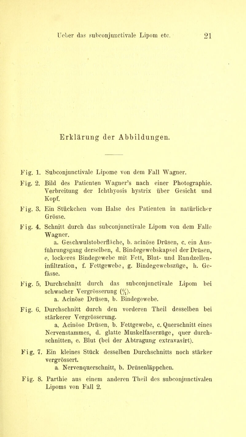 Erklärung der Abbildungen. Fig. 1. Subconjunctivale Lipome von dem Fall Wagner. Fig. 2. Bild des Patienten Wagner's nach einer Photographie. Verbreitung der Ichthyosis hystrix über Gesicht und Kopf. Fig. 3. Ein Stückchen vom Halse des Patienten in natürlicher Grösse. Fig. 4. Schnitt durch das subconjunctivale Lipom von dem Falle Wagner. a. Geschwulstoberfläche, b. acinöse Drüsen, c. ein Aus- führungsgang derselben, d. Bindegewebskapsel der Drüsen, e. lockeres Bindegewebe mit Fett, Blut- und Rundzellen- infiltration, f. Fettgewebe, g. Bindegewebszüge, h. Ge- fässe. Fig. 5. Durchschnitt durch das subconjunctivale Lipom bei schwacher Vergrößerung {%). a. Acinöse Drüsen, b. Bindegewebe. Fig. 6. Durchschnitt durch den vorderen Theil desselben bei stärkerer Vergrösserung. a. Acinöse Drüsen, b. Fettgewebe, c. Querschnitt eines Nervenstammes, d. glatte Muskelfaserzüge, quer durch- schnitten, e. Blut (bei der Abtragung extravasirt). Fig. 7. Ein kleines Stück desselben Durchschnitts noch stärker vergrössert. a. Nervenquerschnitt, b. Drüsenläppchen. Fig. 8. Parthie aus einem anderen Theil des subconjunctivalen Lipoms von Fall 2.