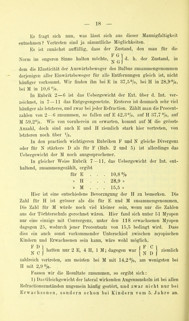 Es fragt sich nun, was lässt sich aus dieser Mannigfaltigkeit entnehmen? Vertreten sind ja sämmtliche Möglichkeiten. Es ist zunächst auffällig, dass der Zustand, den man für die F Gr 1 Norm im engeren Sinne halten möchte, ^ ^ j d. h. der Zustand, in dem die Elasticität der Auswärtsbeweger des Bulbus zusammengenommen derjenigen aller Einwärtsbeweger für alle Entfernungen gleich ist, nicht häufiger vorkommt. Wir finden ihn bei E in 37,5%, bei H in 28,9%, bei M in 10,6 %. In Rubrik 2—6 ist das Uebergewicht der Ext. über d. Int. ver- zeichnet, in 7 — 11 das Entgegengesetzte. Ersteres ist demnach sehr viel häufiger als letzteres, und zwar bei jeder Eefraction. Zählt man die Procent- zahlen von 2 — 6 zusammen, so fallen auf E 42,3%, auf H 37,7 %, auf M 59,2%. Wie von vornherein zu erwarten, kommt auf M die grösste Anzahl, doch sind auch E und H ziemlich stark hier vertreten, von letzteren noch über %. In den practisch wichtigeren Rubriken F und N gleiche Divergenz oder für N stärkere D als für F (Rub. 2 und 5) ist allerdings das Uebergewicht der M noch ausgesprochener. In gleicher Weise Rubrik 7 — 11, das Uebergewicht der Int. ent- haltend, zusammengezählt, ergibt für E ... 10,8% » H ... 28,9 » >> M . . . 15,5 » Hier ist eine entschiedene Bevorzugung der H zu bemerken. Die Zahl für H ist grösser als die für E und M zusammengenommen. Die Zahl für M würde noch viel kleiner sein, wenn nur die Zahlen aus der Töchterschule gerechnet wären. Hier fand sich unter 51 Myopen nur eine einzige mit Convergenz, unter den 118 erwachsenen Myopen dagegen 25, wodurch jener Procentsatz von 15,5 bedingt wird. Dass dies ein auch sonst vorkommender Unterschied zwischen myopischen Kindern und Erwachsenen sein kann, wäre wohl möglich. FD) ( F C 1 ^. q | hatten nur 2 E, 4 H, IM; dagegen war I J ziemlich zahlreich vertreten, am meisten bei M mit 14,2%, am wenigsten bei H mit 2,9%. Fassen wir die Resultate zusammen, so ergibt sich: 1) Das Gleichgewicht der lateral wirkenden Augenmuskeln ist bei allen Refractionszuständen ungemein häufig gestört, und zwar nicht nur bei Erwachsenen, sondern schon bei Kindern vom 5. Jahre an.