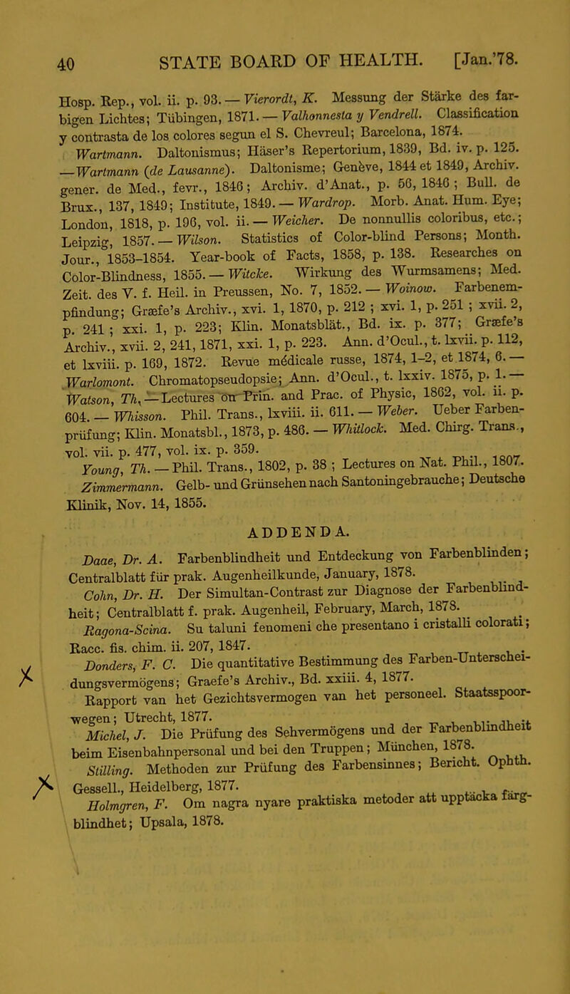 Hosp. Rep., vol. ii. p. 93. — Vierordt, K. Messung der Starke des far- bigen Lichtes; Tubingen, 1871. — Valhonnesla y Vendrell. Claasification y contrasta de los colores segun el S. Chevreul; Barcelona, 1874. Wartmann. Daltouismus; Haser's Repertorium, 1839, Bd. iv. p. 125. —Warlmann {de Lausanne). Daltonisme; Genbve, 1844 et 1849, Archiv. gener. de Med., fevr., 1846; Archiv. d'Anat., p. 56,1846; BuU. de Brux., 137, 1849; Institute, 1849. — Wardrop. Morb. Anat. Hum. Eye; London, 1818, p. 196, vol. il — Weicher. De nonnullis coloribus, etc.; Leipzig' 18o7. —Wilson. Statistics of Color-blind Persons; Month. Jour., 1853-1854. Year-book of Facts, 1858, p. 138. Researches on Color-Blindness, 1855. —Witcke. Wirkung des Wurmsamens; Med. Zeit des V. f. HeH. in Preussen, No. 7, 1852. — Woinow. Farbenem- pfindung; Grjefe's Archiv., xvi. 1, 1870, p. 212 ; xvi. 1, p. 251 ; xvii. 2, p 941. xxi. 1, p. 223; Klin. Monatsblat., Bd. ix. p. 377; Graefe's Archiv.', xvii. 2, 241,1871, xxi. 1, p. 223. Ann. d'Ocul., t. Ixvii. p. 112, et Ixviii. p. 169, 1872. Revue m^dicale russe, 1874, 1-2, et 1874, 6. — Warlomont. Chromatopseudopsie; ^Ann. d'Ocul., t. Ixxiv. 1875, p. 1.— 'Watson, 77i,—Lectures OTrPrih. and Prac. of Physic, 1862, vol. u. p. 604. - Whisson. Phil. Trans., Ixviii. ii. 611. - Weher. Ueber Farben- priifung; Klin. Monatsbl., 1873, p. 486. - WhUlock. Med. Chirg. Trana., vol. vii. p. 477, vol. ix. p. 359. Young, TA. — Phil. Trans., 1802, p. 38 ; Lectures on Nat. Phil., 1807. Zimmermann. Gelb- und Griinsehen nach Santoningebrauche; Deutsche Klinik, Nov. 14, 1855. ADDENDA. Daae, Br. A. Farbenblindheit und Entdeckung von Farbenblinden; Centralblatt fiir prak. Augenheilkunde, January, 1878. Colm, Dr. H. Der Simultan-Contrast zur Diagnose der Farbenblind- heit; Centralblatt f. prak. Augenheil, February, March, 1878. ^ Ragona-Scina. Su taluni f enomeni che presentano i cristalli colorati; Race. fis. chim. ii. 207, 1847. u tt 4. i, • Bonders, F. C. Die quantitative Bestimmung des Farben-Unterscliei- dungsvermogens; Graefe's Archiv., Bd. xxiii. 4, 1877. Rapport van het Gezichtsvermogen van het personeel. Staatsspoor- •wegen; Utrecht, 1877. •. ju •*. Michel, J. Die Priifung des Sehvermogens und der Farbenblindheit beim Eisenbahnpersonal und bei den Truppen; Miinchen, 1878. Stilling. Methoden zur Priifung des Farbensinnes; Bericht. Ophth. Gessell., Heidelberg, 1877. ^ Holmgren, F. Om nagra nyare praktiska metoder att upptacka farg- \ blindhet; Upsala, 1878.