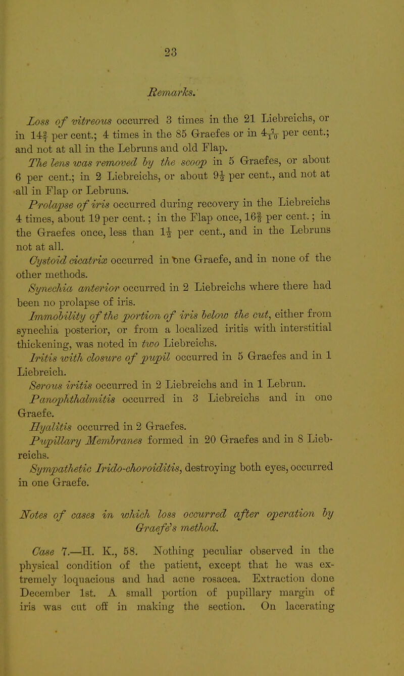 Remarks. Loss of mtreous occurred 3 times in the 21 Liebreichs, or in 14f per cent.; 4 times in tlie 85 Graefes or in 4:-^ per cent.; and not at all in the Lebruns and old Flap. The lens was removed hj the scoojp in 5 Graefes, or about 6 per cent.; in 2 Liebreichs, or about 9^ per cent., and not at aU in Flap or Lebruns. Prolapse of wis occurred during recovery in the Liebreichs 4 times, about 19 per cent.; in the Flap once, 16| per cent.; in the Graefes once, less than 1^^ per cent., and in the Lebruns not at all. Cystoid dcatrix occurred in t)ne Graefe, and in none of the other methods. Synechia anterior occurred in 2 Liebreichs where there had been no prolapse of iris. Immobility of the ^portion of iris helow the cut, either from synechia posterior, or from a localized iritis with interstitial thickening, was noted in two Liebreichs. Iritis with closure of jpujpil occurred in 5 Graefes and in 1 Liebreich. Serous iritis occurred in 2 Liebreichs and in 1 Lebrun. Pano'phthahnitis occurred in 3 Liebreichs and in one Graefe. Hyalitis occurred in 2 Graefes. Puj>illary Membranes formed in 20 Graefes and in 8 Lieb- reichs. Sympathetic Irido-choroiditis, destroying both eyes, occurred in one Graefe. Notes of cases in which loss occurred after operation by Graefe^s method. Case 7.—H. K., 58. Kothing peculiar observed in the physical condition of the patient, except that he was ex- tremely loquacious and had acne rosacea. Extraction done December 1st. A small portion of pupillary margin of iris was cut off in making th6 section. On lacerating