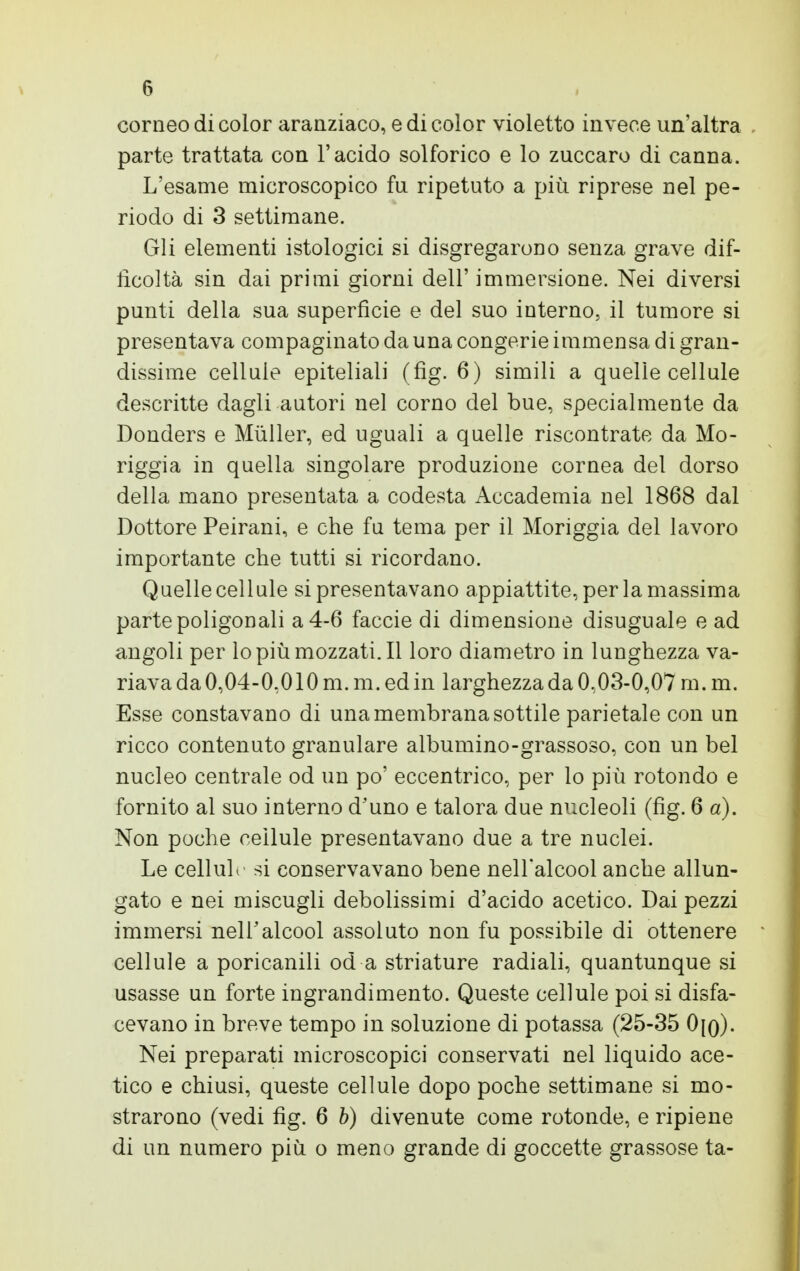 corneo di color aranziaco, e di color violetto invece un'altra parte trattata con l'acido solforico e lo zuccaro di canna. L'esame microscopico fu ripetuto a più riprese nel pe- riodo di 3 settimane. Gli elementi istologici si disgregarono senza grave dif- ficoltà sin dai primi giorni dell' immersione. Nei diversi punti della sua superficie e del suo interno, il tumore si presentava compaginato da una congerie immensa di gran- dissime cellule epiteliali (fig. 6) simili a quelle cellule descritte dagli autori nel corno del bue, specialmente da Donders e Mùller, ed uguali a quelle riscontrate da Mo- riggia in quella singolare produzione cornea del dorso della mano presentata a codesta Accademia nel 1868 dal Dottore Peirani, e che fu tema per il Moriggia del lavoro importante che tutti si ricordano. Quelle cellule si presentavano appiattite, per la massima parte poligonali a 4-6 faccie di dimensione disuguale e ad angoli per lo più mozzati. Il loro diametro in lunghezza va- riava da 0,04-0,010 m.m. ed in larghezza da 0,03-0,07 m.m. Esse constavano di una membrana sottile parietale con un ricco contenuto granulare albumino-grassoso, con un bel nucleo centrale od un po' eccentrico, per lo più rotondo e fornito al suo interno d'uno e talora due nucleoli (fig. 6 a). Non poche cellule presentavano due a tre nuclei. Le cellule si conservavano bene nell'alcool anche allun- gato e nei miscugli debolissimi d'acido acetico. Dai pezzi immersi nell'alcool assoluto non fu possibile di ottenere cellule a poricanili od a striature radiali, quantunque si usasse un forte ingrandimento. Queste cellule poi si disfa- cevano in breve tempo in soluzione di potassa (25-35 0[q). Nei preparati microscopici conservati nel liquido ace- tico e chiusi, queste cellule dopo poche settimane si mo- strarono (vedi fig. 6 b) divenute come rotonde, e ripiene di un numero più o meno grande di goccette grassose ta-