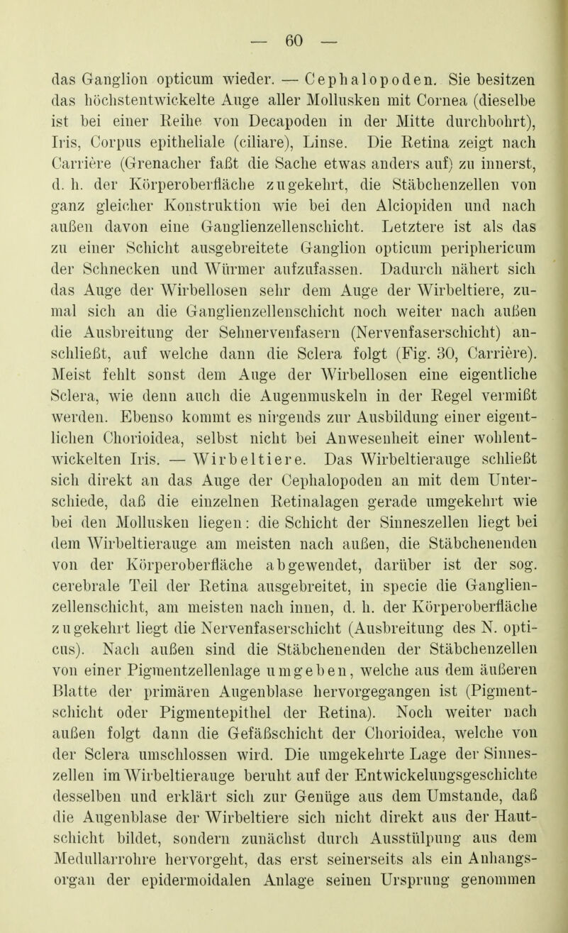 das Ganglion opticum wieder. — Cephalopoden. Sie besitzen das höchstentwickelte Auge aller Mollusken mit Cornea (dieselbe ist bei einer Reihe von Decapoden in der Mitte durchbohrt), Iris, Corpus epitheliale (ciliare), Linse. Die Retina zeigt nach Carriere (Grenacher faßt die Sache etwas anders auf) zu innerst, d. h. der Körperoberfläche zugekehrt, die Stäbchenzellen von ganz gleicher Konstruktion wie bei den Alciopiden und nach außen davon eine Ganglienzellenschicht. Letztere ist als das zu einer Schicht ausgebreitete Ganglion opticum periphericum der Schnecken und Würmer aufzufassen. Dadurch nähert sich das Auge der Wirbellosen sehr dem Auge der Wirbeltiere, zu- mal sich an die Ganglienzellenschicht noch weiter nach außen die Ausbreitung der Sehnervenfasern (Nervenfaserschicht) an- schließt, auf welche dann die Sclera folgt (Fig. 30, Carriere). Meist fehlt sonst dem Auge der Wirbellosen eine eigentliche Sclera, wie denn auch die Augenmuskeln in der Regel vermißt werden. Ebenso kommt es nirgends zur Ausbildung einer eigent- lichen Chorioidea, selbst nicht bei Anwesenheit einer wohlent- wickelten Iris. —Wirbeltiere. Das Wirbeltierauge schließt sich direkt an das Auge der Cephalopoden an mit dem Unter- schiede, daß die einzelnen Retinalagen gerade umgekehrt wie bei den Mollusken liegen: die Schicht der Sinneszellen liegt bei dem Wirbeltierauge am meisten nach außen, die Stäbchenenden von der Körperoberfläche abgewendet, darüber ist der sog. cerebrale Teil der Retina ausgebreitet, in specie die Ganglien- zellenschicht, am meisten nach innen, d. h. der Körperoberfläche zugekehrt liegt die Nervenfaserschicht (Ausbreitung des N. opti- cus). Nach außen sind die Stäbchenenden der Stäbchenzellen von einer Pigraentzellenlage umgeben, welche aus dem äußeren Blatte der primären Augenblase hervorgegangen ist (Pigment- schicht oder Pigmentepithel der Retina). Noch weiter nach außen folgt dann die Gefäßschicht der Chorioidea, welche von der Sclera umschlossen wird. Die umgekehrte Lage der Sinnes- zellen im Wirbeltierauge beruht auf der Entwickelungsgeschichte desselben und erklärt sich zur Genüge aus dem Umstände, daß die Augenblase der Wirbeltiere sich nicht direkt aus der Haut- schicht bildet, sondern zunächst durch Ausstiilpung aus dem Medullarrohre hervorgeht, das erst seinerseits als ein Auhangs- organ der epidermoidalen Anlage seinen Ursprung genommen