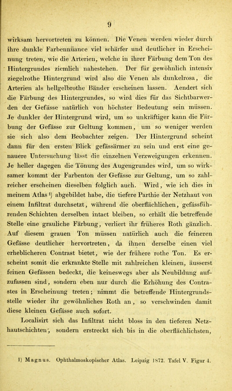 wirksam hervortreten zu können. Die Venen werden wieder durch ihre dunkle Farhennüance viel schärfer und deutlicher in Erschei- nung treten, wie die Arterien, welche in ihrer Färbung dem Ton des Hintergrundes ziemlich nahestehen. Der für gewöhnlich intensiv ziegelrothe Hintergrund wird also die Venen als dunkelrosa, die Arterien als hellgelbrothe Bänder erscheinen lassen. Aendert sich die Färbung des Hintergrundes, so wird dies für das Sichtbarwer- den der Gefässe natürlich von höchster Bedeutung sein müssen. Je dunkler der Hintergrund wird, um so unkräftiger kann die Fär- bung der Gefässe zur Geltung kommen, um so weniger werden sie sich also dem Beobachter zeigen. Der Hintergrund scheint dann für den ersten Blick gefässärmer zu sein und erst eine ge- nauere Untersuchung lässt die einzelnen Verzweigungen erkennen. Je heller dagegen die Tönung des Augengrundes wird, um so wirk- samer kommt der Farbenton der Gefässe zur Geltung, um so zahl- reicher erscheinen dieselben folglich auch. Wird, wie ich dies in meinem Atlas i) abgebildet habe, die tiefere Parthie der Netzhaut von einem Infiltrat durchsetzt, während die oberflächlichen, gefässfüh- renden Schichten derselben intact bleiben, so erhält die betreffende Stelle eine grauliche Färbung, verliert ihr früheres Roth gänzlich. Auf diesem grauen Ton müssen natürlich auch die feineren Gefässe deutlicher hervortreten, da ihnen derselbe einen viel erheblicheren Contrast bietet, wie der frühere rothe Ton. Es er- scheint somit die erkrankte Stelle mit zahlreichen kleinen, äusserst feinen Gefässen bedeckt, die keineswegs aber als Neubildung auf- zufassen sind, sondern eben nur durch die Erhöhung des Contra- stes in Erscheinung treten; nimmt die betreffende Hintergrunds- stelle w ieder ihr gewöhnliches Roth an, so verschwinden damit diese kleinen Gefässe auch sofort. Localisirt sich das Infiltrat nicht bloss in den tieferen Netz- hautschichten; sondern erstreckt sich bis in die oberflächlichsten. 1) Magnus. Ophthalmoskopischer Atlas. Leipzig J!572. Tafel V. Figur-1.