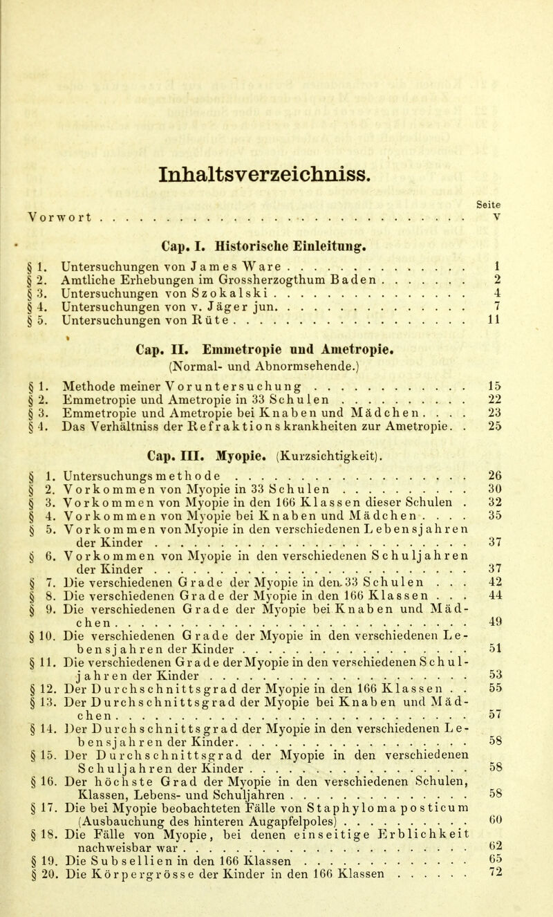 Inhaltsverzeichniss. Seite Vorwort v Cap. I. Historische Einleitung. § 1. Untersuchungen von J am es Ware 1 § 2. Amtliche Erhebungen im Grossherzogthum Baden 2 §3. Untersuchungen vonSzokalski 4 §4. Untersuchungen von v. Jäger jun 7 §5. Untersuchungen von Rute 11 Cap. II. Emmetropie und Ametropie. (Normal- und Abnormsehende.) § 1. Methode meiner Voruntersuchung 15 §2. Emmetropie und Ametropie in 33 Schu 1 en 22 §3. Emmetropie und Ametropie bei Knaben und Mädchen . ... 23 §4. Das Verhältniss der Re fr aktio n s krankheiten zur Ametropie. . 25 Cap. III. Myopie. (Kurzsichtigkeit). § 1. Untersuchungs m eth o d e 26 § 2. Vorkommen von Myopie in 33 Schulen 30 § 3. Vorkommen von Myopie in den 166 Klassen dieser Schulen . 32 § 4. Vorkommen von Myopie bei Knaben und Mädchen . ... 35 § 5. Vorkommen von Myopie in den verschiedenen L ebensj ahren der Kinder 37 § 6. Vorkommen von Myopie in den verschiedenen S c h u lj a h ren der Kinder 37 § 7. Die verschiedenen G rade der Myopie in den.33 Schulen ... 42 § 8. Die verschiedenen Grade der Myopie in den 166 Klassen ... 44 § 9. Die verschiedenen Grade der Myopie bei Knaben und Mäd- chen 49 § 10. Die verschiedenen Grade der Myopie in den verschiedenen Le- be n sj ah re n der Kinder 51 §11. Die verschiedenen Grade der Myopie in den verschiedenen Schul- j ahren der Kinder . 53 § 12. Der D urchschnittsgrad der Myopie in den 166 Klassen . . 55 §13. Der Durchschnittsgrad der Myopie bei Knaben und Mäd- chen 57 § 14. Der Durchschnittsgrad der Myopie in den verschiedenen Le- ben sj ah r en der Kinder 58 §15. Der D u rch s chnitt sgr ad der Myopie in den verschiedenen Schuljahren der Kinder 58 § 16. Der höchste Grad der Myopie in den verschiedenen Schulen, Klassen, Lebens- und Schuljahren . . 58 §17. Die bei Myopie beobachteten Fälle von Staphylomaposticum (Ausbauchung des hinteren Augapfelpoles) ^. 60 §18. Die Fälle von Myopie, bei denen einseitige Erblichkeit nachweisbar war 62 § 19. Die Sub Sellien in den 166 Klassen 65 § 20. Die Körpergrösse der Kinder in den 166 Klassen 72