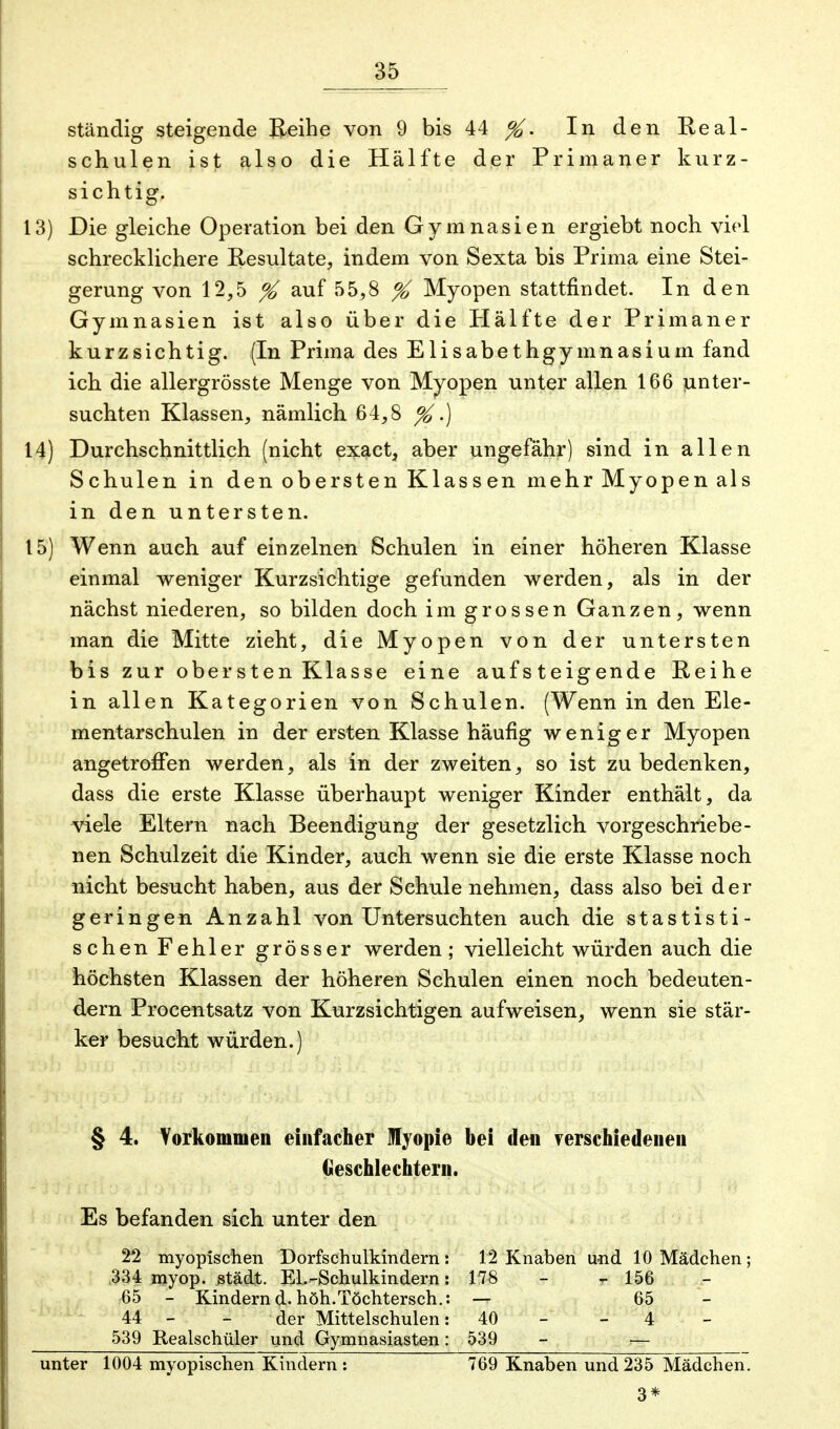 ständig steigende Reihe von 9 bis 44 %. In den Real- schulen ist also die Hälfte der Primaner kurz- sichtig. 13) Die gleiche Operation bei den Gymnasien ergiebt noch viel schrecklichere Resultate, indem von Sexta bis Prima eine Stei- gerung von 12,5 % auf 55,8 % Myopen stattfindet. In den Gymnasien ist also über die Hälfte der Primaner kurzsichtig. (In Prima des Elisabethgymnasium fand ich die allergrösste Menge von Myopen unter allen 166 unter- suchten Klassen, nämlich 64,8 %.) 14) Durchschnittlich (nicht exact, aber ungefähr) sind in allen Schulen in den obersten Klassen mehr Myopen als in den untersten. 15) Wenn auch auf einzelnen Schulen in einer höheren Klasse einmal weniger Kurzsichtige gefunden werden, als in der nächst niederen, so bilden doch im grossen Ganzen, wenn man die Mitte zieht, die Myopen von der untersten bis zur obersten Klasse eine aufsteigende Reihe in allen Kategorien von Schulen. (Wenn in den Ele- mentarschulen in der ersten Klasse häufig weniger Myopen angetroffen werden, als in der zweiten, so ist zu bedenken, dass die erste Klasse überhaupt weniger Kinder enthält, da viele Eltern nach Beendigung der gesetzlich vorgeschriebe- nen Schulzeit die Kinder, auch wenn sie die erste Klasse noch nicht besucht haben, aus der Schule nehmen, dass also bei der geringen Anzahl von Untersuchten auch die stastisti- schen Fehler grösser werden; vielleicht würden auch die höchsten Klassen der höheren Schulen einen noch bedeuten- dem Procentsatz von Kurzsichtigen aufweisen, wenn sie stär- ker besucht würden.) § 4. Vorkommen einfacher Myopie bei den verschiedenen Geschlechtern. Es befanden sich unter den 22 myopischen Dorfschulkindern: 12 Knaben und 10 Mädchen; 334 myop, städt. El,-Schulkindern : 178 - 156 65 - Kindern d.höh.Töchtersch.: — 65 44 - - der Mittelschulen: 40 4 539 Realschüler und Gymnasiasten: 539 - r— unter 1004 myopischen Kindern : 769 Knaben und 235 Mädchen. 3*