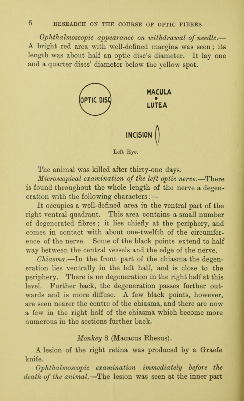 Ophthalmoscopic appearance on ivithdraival of needle.— A bright red area with well-defined margins was seen; its length was about half an optic disc's diameter. It lay one and a quarter discs' diameter below the yellow spot. Left Eye. The animal was killed after thirty-one days. Microscopical examination of the left optic nerve.—There is found throughout the whole length of the nerve a degen- eration with the following characters :— It occupies a well-defined area in the ventral part of the right ventral quadrant. This area contains a small number of degenerated fibres ; it lies chiefly at the periphery, and comes in contact with about one-twelfth of the circumfer- ence of the nerve. Some of the black points extend to half way between the central vessels and the edge of the nerve. Chiasma.—In the front part of the chiasma the degen- eration lies ventrally in the left half, and is close to the periphery. There is no degeneration in the right half at this level. Further back, the degeneration passes further out- wards and is more diffuse. A few black points, however, are seen nearer the centre of the chiasma, and there are now a few in the right half of the chiasma which become more numerous in the sections further back. Monkey 8 (Macacus Khesus). A lesion of the right retina was produced by a Graefe knife. Ophthalmoscopic examination immediately before the death of the animal.—The lesion was seen at the inner part