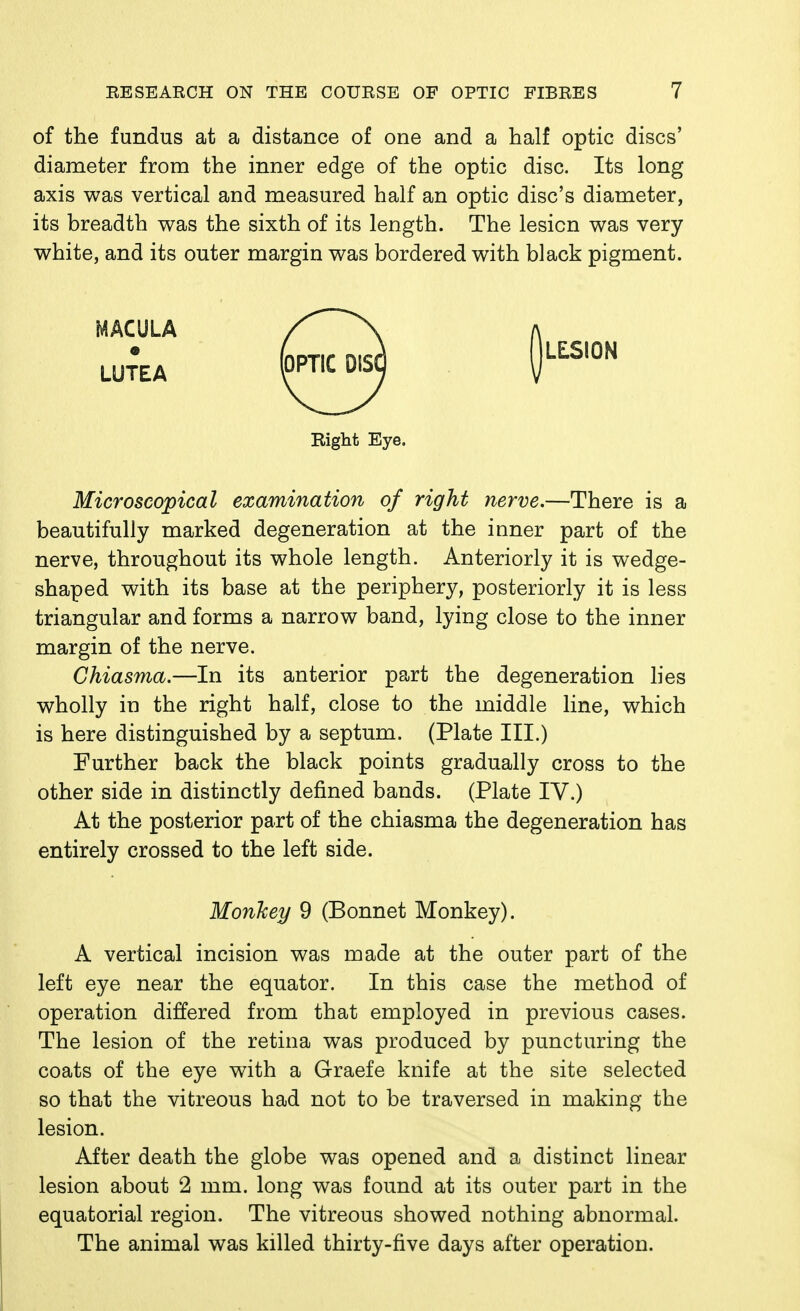 of the fundus at a distance of one and a half optic discs' diameter from the inner edge of the optic disc. Its long axis was vertical and measured half an optic disc's diameter, its breadth was the sixth of its length. The lesion was very white, and its outer margin was bordered with black pigment. MACULA LUTEA Right Eye. Microscopical examination of right nerve.—There is a beautifully marked degeneration at the inner part of the nerve, throughout its whole length. Anteriorly it is wedge- shaped with its base at the periphery, posteriorly it is less triangular and forms a narrow band, lying close to the inner margin of the nerve. Chiasma.—In its anterior part the degeneration hes wholly in the right half, close to the middle line, which is here distinguished by a septum. (Plate III.) Further back the black points gradually cross to the other side in distinctly defined bands. (Plate IV.) At the posterior part of the chiasma the degeneration has entirely crossed to the left side. MonJcey 9 (Bonnet Monkey). A vertical incision was made at the outer part of the left eye near the equator. In this case the method of operation differed from that employed in previous cases. The lesion of the retina was produced by puncturing the coats of the eye with a Graefe knife at the site selected so that the vitreous had not to be traversed in making the lesion. After death the globe was opened and a distinct linear lesion about 2 mm. long was found at its outer part in the equatorial region. The vitreous showed nothing abnormal. The animal was killed thirty-five days after operation.