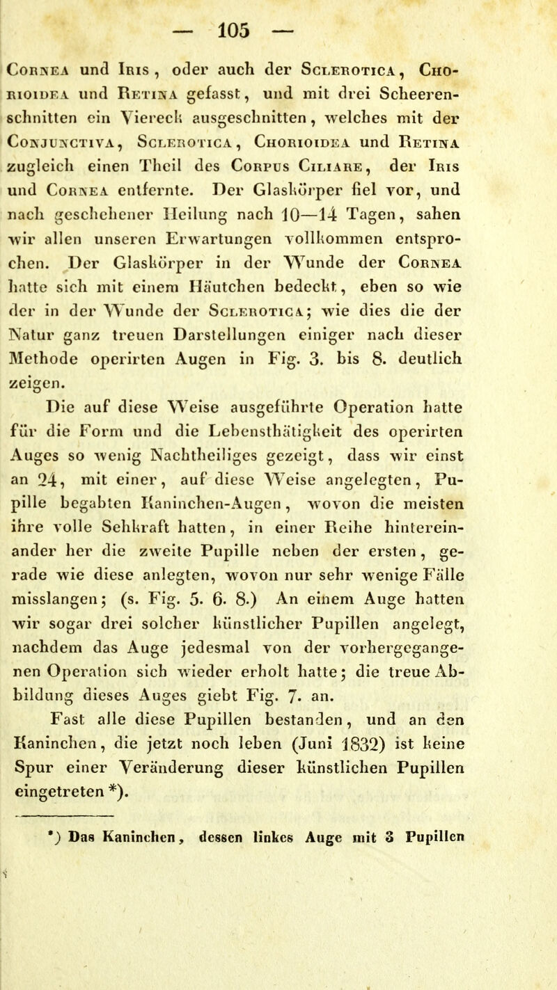 Cornea und Iris, oder auch der SciiEROTicA, Cho- RioiDFA und Retina gefasst, und mit drei Scheeren- schnitten ein Viereck ausgeschnitten, welches mit der COKJUIVGTIVA, SCT.EROTICA, ChORIOIDEA Und RetINA zugleich einen Thcil des Corpus Ciliare, der Iris und Cornea entfernte. Der Glashüiper fiel vor, und nach geschehener Heilung nach 10—14 Tagen, sahen •wir allen unseren Erwartungen YolUiommen entspro- chen. Der Glaskörper in der Wunde der Cornea liatte sich mit einem Häutchen bedeckt, eben so wie der in der Wunde der Sclerotiga; wie dies die der Natur ganz treuen Darstellungen einiger nach dieser Methode operirten Augen in Fig. 3. bis 8. deutlich zeigen. Die auf diese Weise ausgeführte Operation hatte für die Form und die Lebensthätlgkeit des operirten Auges so wenig Nachtheiliges gezeigt, dass wir einst an 24, uiit einer, auf diese Weise angelegten, Pu- pille begabten Kaninchen-Augen , wovon die meisten ihre volle Sehkraft hatten, in einer Reihe hinterein- ander her die zw eite Pupille neben der ersten, ge- rade wie diese anlegten, wovon nur sehr wenige Fälle misslangen; (s. Fig. 5. 6. 8-) An einem Auge hatten wir sogar drei solcher künstlicher Pupillen angelegt, nachdem das Auge jedesmal von der vorhergegange- nen Operation sich wieder erholt hatte; die treue Ab- bildunvg dieses Auges giebt Fig. 7» an. Fast alle diese Pupillen bestanden, und an den Kaninchen, die jetzt noch leben (Juni 1832) ist keine Spur einer Yeränderung dieser hünstlichen Pupillen eingetreten •) Das Kaninchen, dessen linkes Auge mit 3 Pupillen