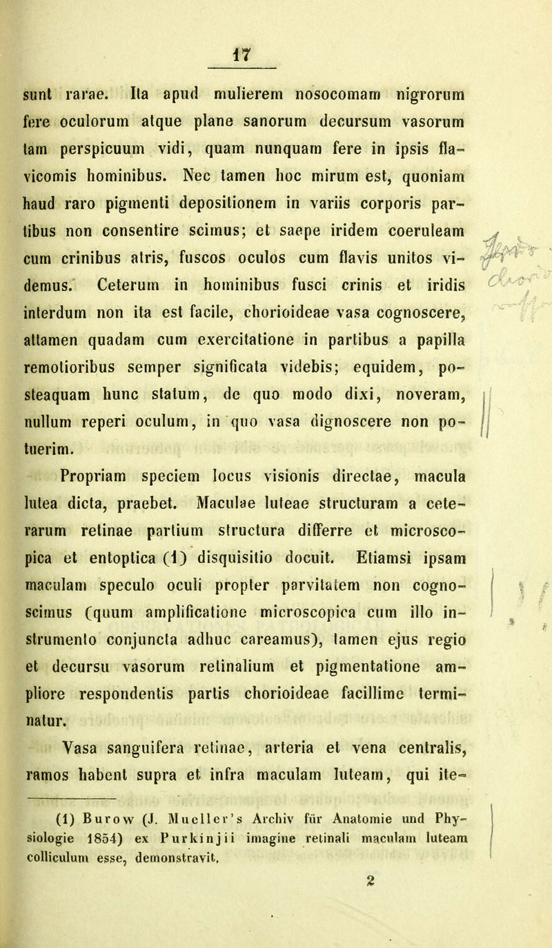 f7 sunl rarae. Ita apiid mulierem nosocomam nigrorum fere oculorum atque plane sanorum decursum vasorum tam perspicuum vidi, quam nunquam fere in ipsis fla- vicomis hominibus. Nec lamen hoc mirum est, quoniam haud raro pigmenli depositionem in variis corporis par- tibus non consentire scimus; et saepe iridem coeruleam cum crinibus alris, fuscos oculos cum flavis unitos vi- demus. Ceterum in hominibus fusci crinis et iridis inlerdum non ita est facile, chorioideae vasa cognoscere^ altamen quadam cum exercitatione in partibus a papilla remotioribus semper significala videbis; equidem, po- steaquam hunc statum, de quo modo dixi, noveram, nullum reperi oculum, in quo vasa dignoscere non po- tuerim. Propriam speciem locus visionis directae, macula lutea dicta, praebet. Maculije luteae structuram a cete- rarum retinae partium structura dilFerre et microsco- pica et entoptica (i) disquisitio docuit. Etiamsi ipsam maculam speculo oculi propter parvitatem non cogno- scimus (quum amplificatione microscopica cum illo in- strumento conjuncta adhuc careamus), lamen ejus regio et decursu vasorum retinalium et pigmentatione am- pliore respondenlis partis chorioideae facillime termi- natur. Vasa sanguifera retinae, arteria et vena centralis, ramos habcnt supra et infra maculam luteam, qui ite- (1) Burow (J. Miieller's Archiv fiir Anatomie und Phy- siologie 1854) ex Purliinjii iniagine retinali maculam luteara colliculum esse, demonstravit, 2