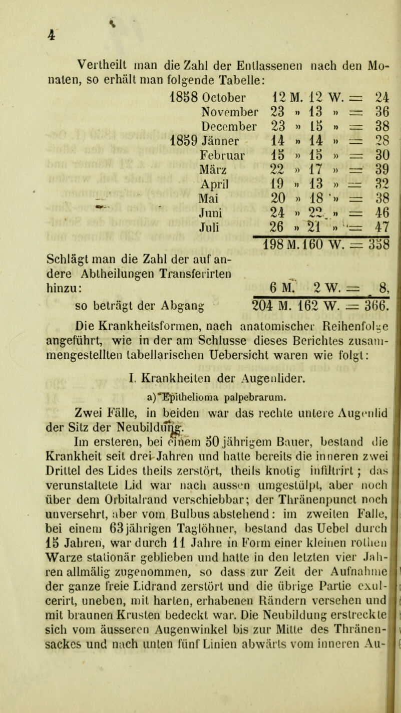 4 Vertheilt man die Zahl der Entlassenen nach den Mo- naten, so erhält man folgende Tabelle: 1858 October 12 M. 12 W. — 24 November 23 »13 » — 36 Decomber 23 » 15 » — 38 1859 Jänner 14 » 14 » — 28 Februar 15 )) 15 » — 30 März 22 » 17 » 39 April 19 13 » 32 Mai 20 » 18 •>» 38 Juni 24 » 22 >. 46 Juli 26 » 21 » 47 198 M. 160 W. 358 Schlägt man die Zahl der auf an- dere Abtheilungen Transferirten hinzu: 6 M. 2 W. — 8, so beträgt der Abgang 204 M. 162 W. ^ 366. Die Krankheitsformen, nach anatomischer Reihenfolge angeführt, wie in der am Schlüsse dieses Berichtes zusani- i mengestellten tabellarischen Uebersicht waren wie folgt: I. Krankheiten der Augenlider. a)*E^llhelioma palpebrarum. Zwei Fälle, in beiden war das rechte untere Augenlid der Sitz der NeubildiT^. Im ersteren, bei einem oO jährigem Bauer, bestand die Krankheil seit drei Jahren und hatte bereits die inneren zwei Drittel des Lides theils zerstört, theils knutig infiltrirt; das verunstaltete Lid war nach aussen umgestülpt, aber noch über dem Orbitalrand verschiebbar; der Thränen[)unct noch unversehrt, aber vom Bulbus abstehend : im zweiten Falle, bei einem 63 jährigen Taglöhner, bestand das Uebel durch 15 Jahren, war durch 11 Jahre in Form einer kleinen rothcn Warze stationär geblieben und halte in den letzten vier .leh- ren allmälig zugenommen, so dass zur Zeit der Aufnahme der ganze freie Lidrand zerstört und die übrige Partie cxul- cerirl, uneben, mit harten, erhabenen Rändern versehen und mit braunen Krusten bedeckt war. Die Neubildung erstreckte sich vom äusseren Augenwinkel bis zur Mille des Thränen- sackes und nach unten fünf Linien abwärts vom inneren Au-