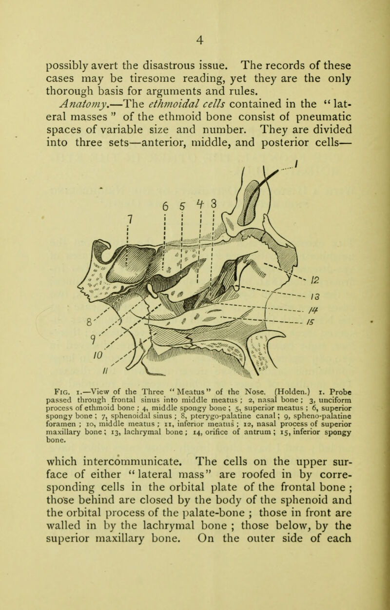 possibly avert the disastrous issue. The records of these cases may be tiresome reading, yet they are the only thorough basis for arguments and rules. Anatomy,—The ethmoidal cells contained in the lat- eral masses  of the ethmoid bone consist of pneumatic spaces of variable size and number. They are divided into three sets—anterior, middle, and posterior cells— Fig. I.—View of the Three Meatus of the Nose. (Holden.) i. Probe passed through frontal sinus into middle meatus ; 2, nasal bone ; 3, unciform process of ethmoid bone ; 4, middle spongy bone ; 5, superior meatus ; 6, superior spongy bone ; 7^ sphenoidal sinus ; 8, pterygo-palatine canal; 9, spheno-palatine foramen ; 10, middle meatus ; 11, inferior meatus ; 12, nasal process of superior maxillary bone; 13, lachrymal bone; 14, orifice of antrum; 15, inferior spongy bone. which intercommunicate. The cells on the upper sur- face of either lateral mass are roofed in by corre- sponding cells in the orbital plate of the frontal bone ; those behind are closed by the body of the sphenoid and the orbital process of the i)alate-bone ; those in front are walled in by the lachrymal bone ; those below, by the superior maxillary bone. On the outer side of each