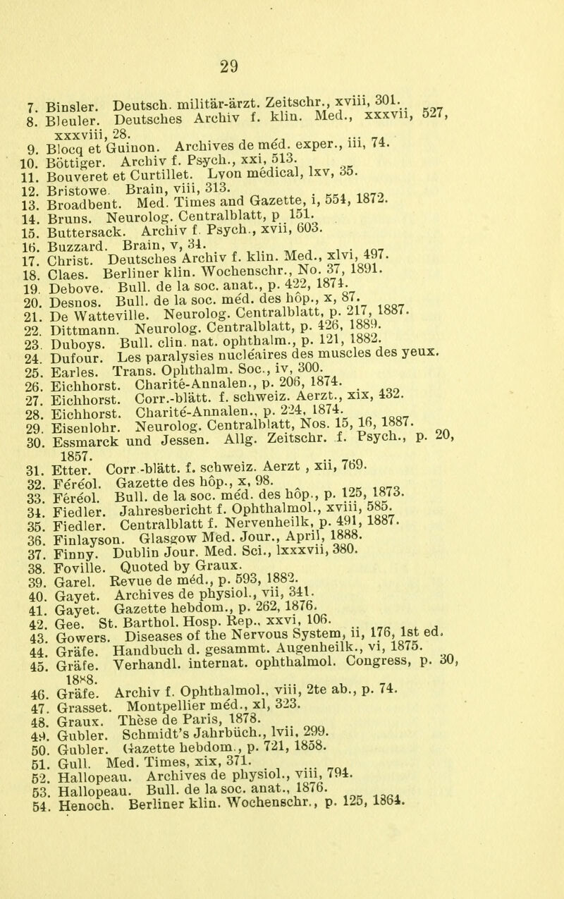 7 Binsler. Deutsch. militar-arzt. Zeitschr., xviii, 301. 8. Bleuler. Deutsches Archiv f. klin. MecL, xxxvii, 527, XXXViii, 28. , ••• rr/i 9. Blocq et Guinon. Archives de med. exper., in, 74. 10. Bottiger. Archiv f. Psych., xxi, 513. 11. Bouveret et Curtillet. Lyon medical, Ixv, 35. 12. Bristowe. Brain, viii, 313. , 13. Broadbent. Med. Times and Gazette, i, 554, 1872. U. Bruns. Neurolog. Centralblatt, p 151. 15. Buttersack. Archiv f. Psych., xvii, 603, 16. Buzzard. Brain, v, 31. 17. Christ. Deutsches Archiv f. klin. Med., xlvi. f97. 18 Claes. Berliner klin. Wochenschr., No. 37, 1891. 19 Debove. Bull, de la soc. anat., p. 422, 187i. 20. Desnos. Bull, de la soc. med. des hop., x, 87. 21. De Watteville. Neurolog. Centralblatt, p. 217, 1887. 22 Dittmann. Neurolog. Centralblatt, p. 42b, 1889. 23 Duboys. Bull. clin. nat. ophthalm., p. 121, 1882. 24. Dufour. Les paralysies nucleaires des muscles des yeux. 25. Earles. Trans. Ophthalm. Soc, iv, 300. 26. Eichhorst. Charite-Annalen., p. 206, 1874. 27 Eichhorst. Corr.-blatt. f. schweiz. Aerzt., xix, 4d2. 28. Eichhorst. Charite-Annalen. p. 224. 1874 29. Eiseulohr. Neurolog. Centralblatt, Nos. 15, 16, 1887. 30. Essmarck und Jessen. Allg. Zeitschr. f. Psych., p. 20, 1857 31. Etter.* Corr -blatt. f. schweiz. Aerzt , xii, 769. 32. Fe'reol. Gazette des hop., x, 98. 33. Fereol. Bull, de la soc. med. des hop., p. 125, 187d. 34. Fiedler. Jahresbericht f. Ophthalmol., xvm, 585. 35 Fiedler. Centralblatt f. Nervenheilk, p. 491, 1887. 36 Finlayson. Glasgow Med. Jour., April, 1888. 37 Finny. Dublin Jour. Med. Sci., Ixxxvii, 380. 38. FoviUe. Quoted by Graux. 39. Garel. Revue de mM., p. 593, 1882. 40. Gayet. Archives de physiol., vii, 341. 41 Gayet. Gazette hebdom., p. 262, 1876. 42. Gee. St. Barthol. Hosp. Rep., xxvi, 106. 43 Gowers. Diseases of the Nervous System, ii, 176, 1st ed. 44. Grafe. Handbuch d. gesammt. Augenheilk., vi, 1875. 45. Grafe. Verhandl. internat. ophthalmol. Congress, p. dU, 18^8 46. Grafe. Archiv f. Ophthalmol., viii, 2te ab., p. 74. 47 Grasset. Montpellier med., xl, 323. 48. Graux. These de Paris, 1878. _ 4v<. Gubler. Schmidt's Jahrbuch., Ivii. 299. 50 Gubler. Gazette hebdom., p. 721, 1858. 51. Gull. Med. Times, xix, 371. ... 52. Hallopeau. Archives de physiol., viii, 794. 53. Hallopeau. Bull, de la soc. anat., 1876. 54 Henoch. Berliner klin. Wochenschr., p. 125, 1864.