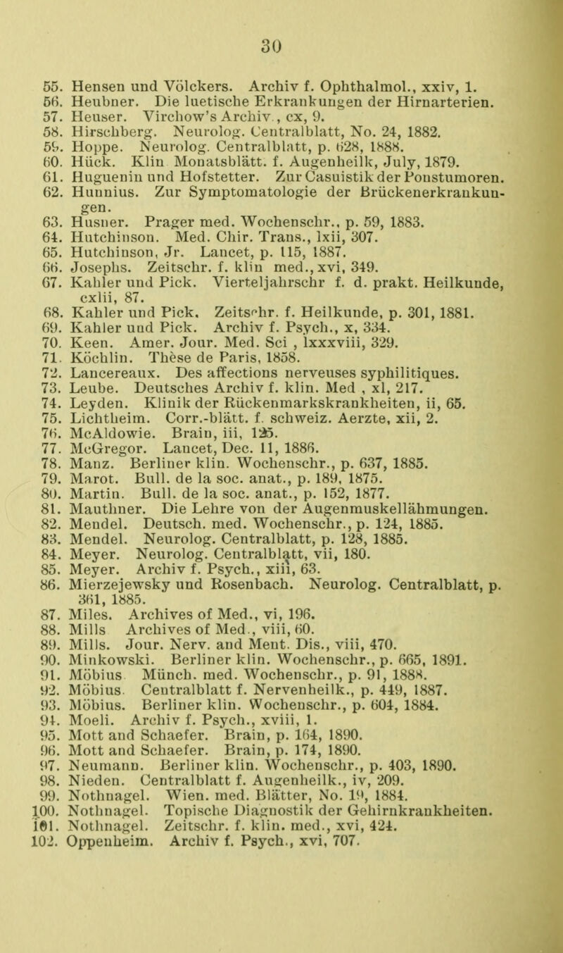 55. Hensen und Volckers. Archiv f, Ophthalmol., xxiv, 1. 56. Heubner. Die luetische Erkrankuugen der Hirnarterien. 57. Heuser. Virehow's Archiv , cx, 9. 58. Hirschberg. Neurolog. Centralblatt, No. 24, 1882. Hoppe. Neurolog. Centralblatt, p. t)28, 1888. tiO. Huck. Klin Monatsblatt. f. Augenheilk, July, 1879. 61. Huguenin und Hofstetter. Zur Casuistik der Poustumoren. 62. Huunius. Zur Symptomatologie der Briickenerkraukun- gen. 63. Husner. Prager med, AVochenschr., p. 59, 1883. 64. Hutchinson. Med. Chir. Trans., Ixii, 307. 65. Hutchinson, Jr. Lancet, p. 115, 1887. 66. Josephs. Zeitschr. f. klin med., xvi, 349. 67. Kahler und Pick. Vierteljahrschr f. d. prakt. Heilkunde, cxlii, 87. 68. Kahler und Pick. Zeitsf'hr. f. Heilkunde, p. 301, 1881. 69. Kahler uud Pick. Archiv f. Psych., x, 334. 70. Keen. Amer. Jour. Med. Sci , Ixxxviii, 329. 71. Kochlin. These de Paris, 1858. 72. Lancereaux. Des affections nerveuses syphilitiques. 73. Leube. Deutsches Archiv f. klin. Med , xl, 217. 74. Leyden. Klinik der Riickenraarkskrankheiten, ii, 65. 75. Lichtheim. Corr.-blatt. f. schweiz. Aerzte, xii, 2. 76. McAldowie. Brain, iii, 1^. 77. McGregor. Lancet, Dec. 11, 1886. 78. Manz. Berliner klin. Wochenschr., p. 637, 1885. 79. Marot. Bull, de la soc. anat., p. 189, 1875. 80. Martin. Bull, de la soc. anat., p. 152, 1877. 81. Mautlmer. Die Lehre von der Augenrauskellahmungen. 82. Mendel. Deutsch. med. Wochenschr., p. 124, 1885. 83. Mendel. Neurolog. Centralblatt, p. 128, 1885. 84. Meyer. Neurolog. Centralblatt, vii, 180. 85. Meyer. Ai'chiv f. Psych., xiii, 63. 86. Mierzejewsky und Rosenbach. Neurolog. Centralblatt, p. 361, 1885. 87. Miles. Archives of Med., vi, 196. 88. Mills Archives of Med , viii, 60. 8i). Mills. Jour. Nerv. and Meut. Dis., viii, 470. 90. Minkowski. Berliner klin. Wochenschr., p. 665, 1891. 91. Mobius Miinch. med. Wochenschr., p. 91, 1888. 92. Mobius. Centralblatt f. Nervenheilk., p. 449, 1887. 93. Mobius. Berliner klin. Wochenschr., p. 604, 1884. 94. Moeli. Archiv f. Psych., xviii, 1. 95. Mott and Schaefer. Brain, p. 164, 1890. 96. Mott and Schaefer. Brain, p. 174, 18^K). 97. Neumann. Berliner klin. Wochenschr., p. 403, 1890. 98. Nieden. Centralblatt f. Augenheilk., iv, 209. 99. Nothnagel. Wien. med. Blatter, No. 19, 1884. 100. Nothnagel. Topische Diagnostik der Gehirnkrankheiten. i©l. Nothnagel. Zeitschr. f. klin. med., xvi, 424. 102. Oppeuheim. Archiv f. Psych., xvi, 707.