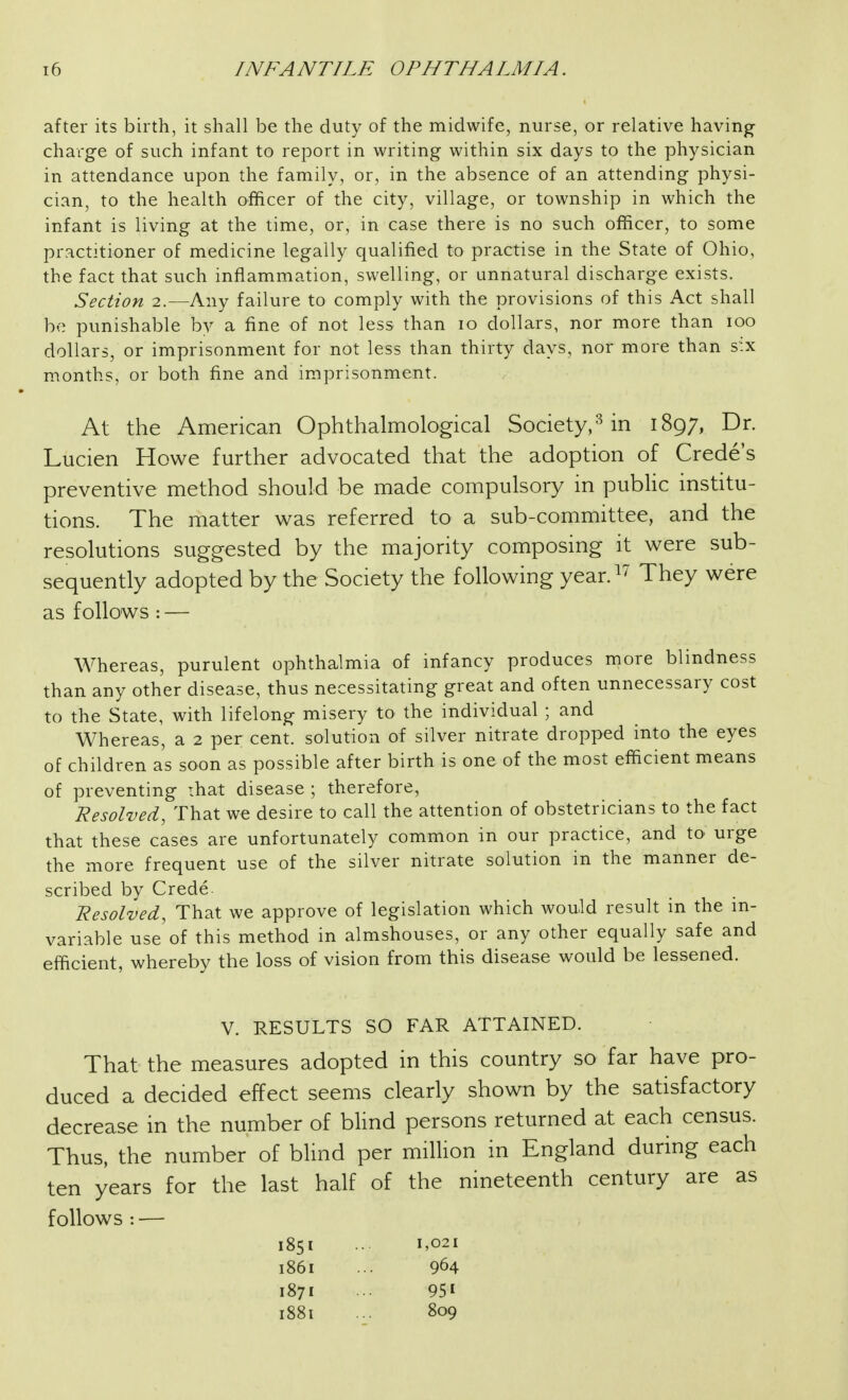 after its birth, it shall be the duty of the midwife, nurse, or relative having charge of such infant to report in writing within six days to the physician in attendance upon the family, or, in the absence of an attending physi- cian, to the health ofificer of the city, village, or township in which the infant is living at the time, or, in case there is no such officer, to some practitioner of medicine legally qualified to practise in the State of Ohio, the fact that such inflammation, swelling, or unnatural discharge exists. Section 2.—Any failure to comply with the provisions of this Act shall b-- punishable bv a fine of not less than 10 dollars, nor more than 100 dollars, or imprisonment for not less than thirty days, nor more than s:x months, or both fine and imprisonment. At the American Ophthalmological Society,'Mn 1897, Dr. Lucien Howe further advocated that the adoption of Crede's preventive method should be made compulsory in public institu- tions. The matter was referred to a sub-committee, and the resolutions suggested by the majority composing it were sub- sequently adopted by the Society the following year.^^ They were as follows: — Whereas, purulent ophthalmia of infancy produces more blindness than any other disease, thus necessitating great and often unnecessary cost to the State, with lifelong misery to the individual ; and Whereas, a 2 per cent, solution of silver nitrate dropped into the eyes of children as soon as possible after birth is one of the most efficient means of preventing ihat disease ; therefore, Resolved, That we desire to call the attention of obstetricians to the fact that these cases are unfortunately common in our practice, and to urge the more frequent use of the silver nitrate solution in the manner de- scribed by Crede. Resolved, That we approve of legislation which would result in the in- variable use'of this method in almshouses, or any other equally safe and efficient, whereby the loss of vision from this disease would be lessened. V. RESULTS SO FAR ATTAINED. That the measures adopted in this country so far have pro- duced a decided effect seems clearly shown by the satisfactory decrease in the number of blind persons returned at each census. Thus, the number of blind per million m England during each ten years for the last half of the nineteenth century are as follows : 1851 .. 1,021 1861 ... 964 1871 ... 951 1881 ... 809