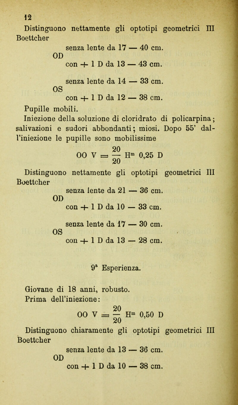 Ì2 Distinguono nettamente gli optotipi geometrici III Boettcher senza lente da 17 — 40 cm. OD con -4- 1 D da 13 — 43 cm. senza lente da 14 — 33 cm. OS con 4- 1 D da 12 — 38 cm. Pupille mobili. Iniezione della soluzione di cloridrato di policarpina ; salivazioni e sudori abbondanti; miosi. Dopo 55' dal- l'iniezione le pupille sono mobilissime 20 00 V =5 — 0,25 D 20 Distinguono nettamente gli optotipi geometrici III Boettcher senza lente da 21 — 36 cm. OD con 1 D da 10 — 33 cm. senza lente da 17 — 30 cm. OS con 1 D da 13 — 28 cm. 9* Esperienza. Giovane di 18 anni, robusto. Prima dell'iniezione: 20 00 V = — 0,50 D 20 Distinguono chiaramente gli optotipi geometrici III Boettcher senza lente da 13 — 36 cm. OD