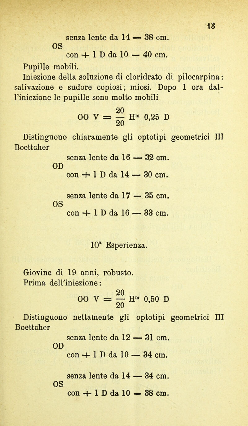 senza lente da 14 — 38 cm. OS con -f- 1 D da 10 — 40 cm. Pupille mobili. Iniezione della soluzione di cloridrato di pilocarpina : salivazione e sudore copiosi, miosi. Dopo 1 ora dal- l'iniezione le pupille sono molto mobili 20 00 V =j — 0,25 D 20 Distinguono chiaramente gli optotipi geometrici III Boettcher senza lente da 16 — 32 cm. OD con + 1 D da 14 — 30 cm. senza lente da 17 — 35 cm. OS con -f- 1 D da 16 — 33 cm. 10* Esperienza. Giovine di 19 anni, robusto. Prima delFiniezione : 20 00 V =! — H«» 0,50 D 20 Distinguono nettamente gli optotipi geometrici III Boettcher senza lente da 12 — 31 cm. OD con + 1 D da 10 — 34 cm. senza lente da 14 — 34 cm. OS