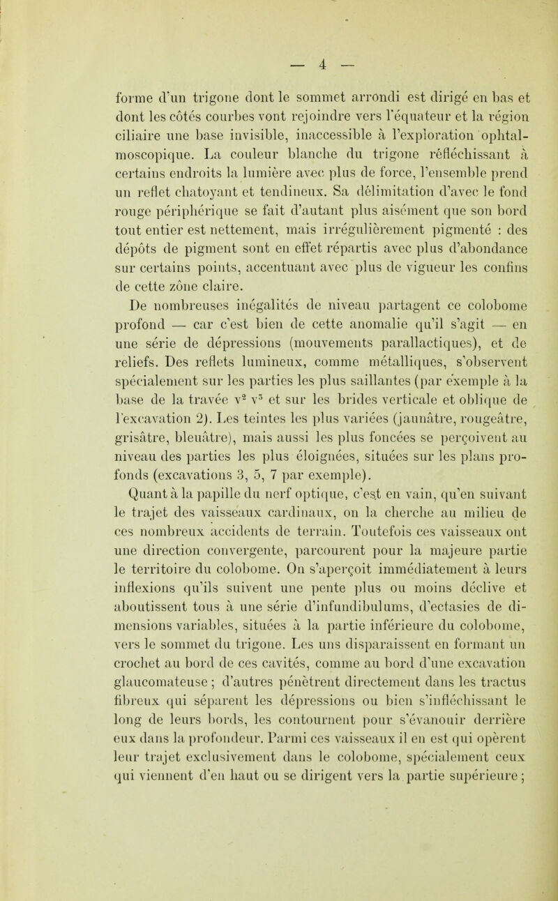 forme d'un trigone dont le sommet arrondi est dirigé en bas et dont les côtés courbes vont rejoindre vers l'équateur et la région ciliaire une base invisible, inaccessible à l'exploration ophtal- moscopique. La couleur blanche du trigone réfléchissant à certains endroits la lumière avec plus de force, l'ensemble prend un reflet chatoyant et tendineux. Sa délimitation d'avec le fond rouge périphérique se fait d'autant plus aisément que son bord tout entier est nettement, mais irrégulièrement pigmenté : des dépôts de pigment sont en effet répartis avec plus d'abondance sur certains points, accentuant avec plus de vigueur les confins de cette zone claire. De nombreuses inégalités de niveau partagent ce colobome profond — car c'est bien de cette anomalie qu'il s'agit — en une série de dépressions (mouvements parallactiques), et de reliefs. Des reflets lumineux, comme métalliques, s'observent spécialement sur les parties les plus saillantes (par exemple à la base de la travée v2 v5 et sur les brides verticale et oblique de l'excavation 2). Les teintes les plus variées (jaunâtre, rougeâtre, grisâtre, bleuâtre), mais aussi les plus foncées se perçoivent au niveau des parties les plus éloignées, situées sur les plans pro- fonds (excavations 3, 5, 7 par exemple). Quant à la papille du nerf optique, c'es.t en vain, qu'en suivant le trajet des vaisseaux cardinaux, on la cherche au milieu de ces nombreux accidents de terrain. Toutefois ces vaisseaux ont une direction convergente, parcourent pour la majeure partie le territoire du colobome. On s'aperçoit immédiatement à leurs inflexions qu'ils suivent une pente plus ou moins déclive et aboutissent tous à une série d'infundibulums, d'ectasies de di- mensions variables, situées à la partie inférieure du colobome, vers le sommet du trigone. Les uns disparaissent en formant un crochet au bord de ces cavités, comme au bord d'une excavation glaucomateuse ; d'autres pénètrent directement dans les tractus fibreux qui séparent les dépressions ou bien s'infléchissant le long de leurs bords, les contournent pour s'évanouir derrière eux dans la profondeur. Parmi ces vaisseaux il en est qui opèrent leur trajet exclusivement dans le colobome, spécialement ceux qui viennent d'en haut ou se dirigent vers la partie supérieure;