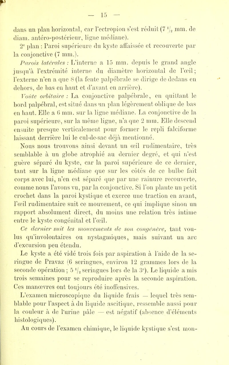 clans un plan horizontal, car l'ectropion s'est réduit (7 */a mm. de diam. antéro-postérieur, ligne médiane). 2e plan : Paroi supérieure du kyste affaissée et recouverte par la conjonctive (7 mm.). Parois latérales : L'interne a 15 mm. depuis le grand angle jusqu'à l'extrémité interne du diamètre horizontal de l'œil; l'externe n'en a que 8 (la fente palpébrale se dirige de dedans en dehors, de bas en haut et d'avant en arrière). Voûte orbitaire : La conjonctive palpébrale, en quittant le bord palpébral, est situé dans un plan légèrement oblique de bas en haut. Elle a 6 mm. sur la ligne médiane. La conjonctive de la paroi supérieure, sur la même ligne, n'a que 2 mm. Elle descend ensuite presque verticalement pour former le repli falciforme laissant derrière lui le cul-de-sac déjà mentionné. Nous nous trouvons ainsi devant un oeil rudimentaire, très semblable à un globe atrophié au dernier degré, et qui n'est guère séparé du kyste, car la paroi supérieure de ce dernier, tant sur la ligne médiane que sur les côtés de ce bulbe fait corps avec lui, n'en est séparé que par une rainure recouverte, comme nous l'avons vu, par la conjonctive. Si l'on plante un petit crochet dans la paroi kystique et exerce une traction en avant, l'œil rudimentaire suit ce mouvement, ce qui implique sinon un rapport absolument direct, du moins une relation très intime entre le kyste congénital et l'œil. Ce dernier suit les mouvements de son congénère, tant vou- lus qu'involontaires ou nystagmiques, mais suivant un arc d'excursion peu étendu. Le kyste a été vidé trois fois par aspiration à laide de la se- ringue de Pravaz (6 seringues, environ 12 grammes lors de la seconde opération ; 5 */s seringues lors de la 3e). Le liquide a mis trois semaines pour se reproduire après la seconde aspiration. Ces manœvres ont toujours été inoffensives. L'examen microscopique du liquide frais — lequel très sem- blable pour l'aspect à du liquide ascitique, ressemble aussi pour la couleur à de l'urine pâle — est négatif (absence d'éléments histologiques). Au cours de l'examen chimique, le liquide kystique s'est mon-