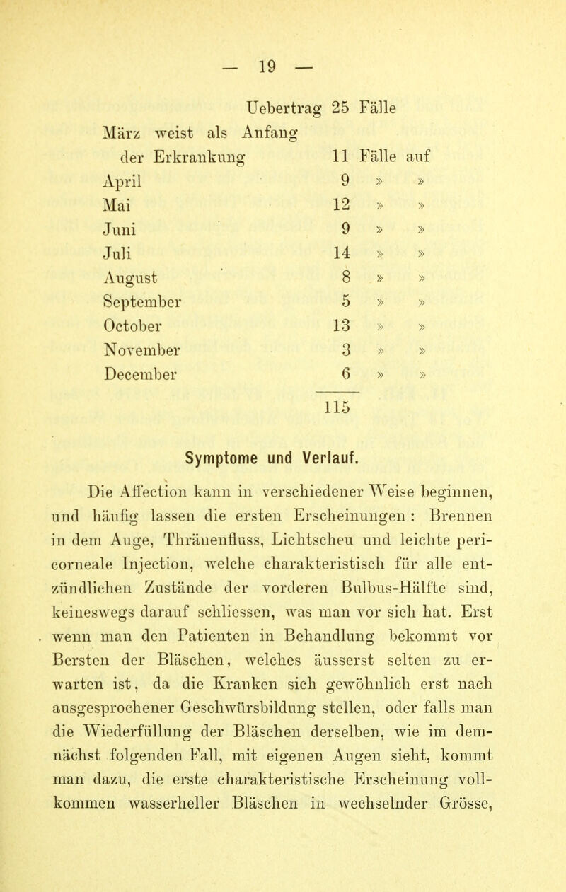 Uebertrag 25 Fälle März weist als Anfang der Erkrankung 11 Fälle auf » » April 9 Mai 12 » Juni 9 » » Juli 14 » » August 8 » » September 5 » » October 13 » » November 3 » » December 6 » » 115 Symptome und Verlauf. Die Affection kann in verschiedener Weise beginnen, und häufig lassen die ersten Erscheinungen : Brennen in dem Auge, Thränenfluss, Lichtscheu und leichte peri- corneale Injection, welche charakteristisch für alle ent- zündlichen Zustände der vorderen Bulbus-Hälfte sind, keineswegs darauf schliessen, was man vor sich hat. Erst wenn man den Patienten in Behandlung bekommt vor Bersten der Bläschen, welches äusserst selten zu er- warten ist, da die Kranken sich gewöhnlich erst nach ausgesprochener Geschwürsbildung stellen, oder falls man die Wiederfüllung der Bläschen derselben, wie im dem- nächst folgenden Fall, mit eigenen Augen sieht, kommt man dazu, die erste charakteristische Erscheinung voll- kommen wasserheller Bläschen in wechselnder Grösse,