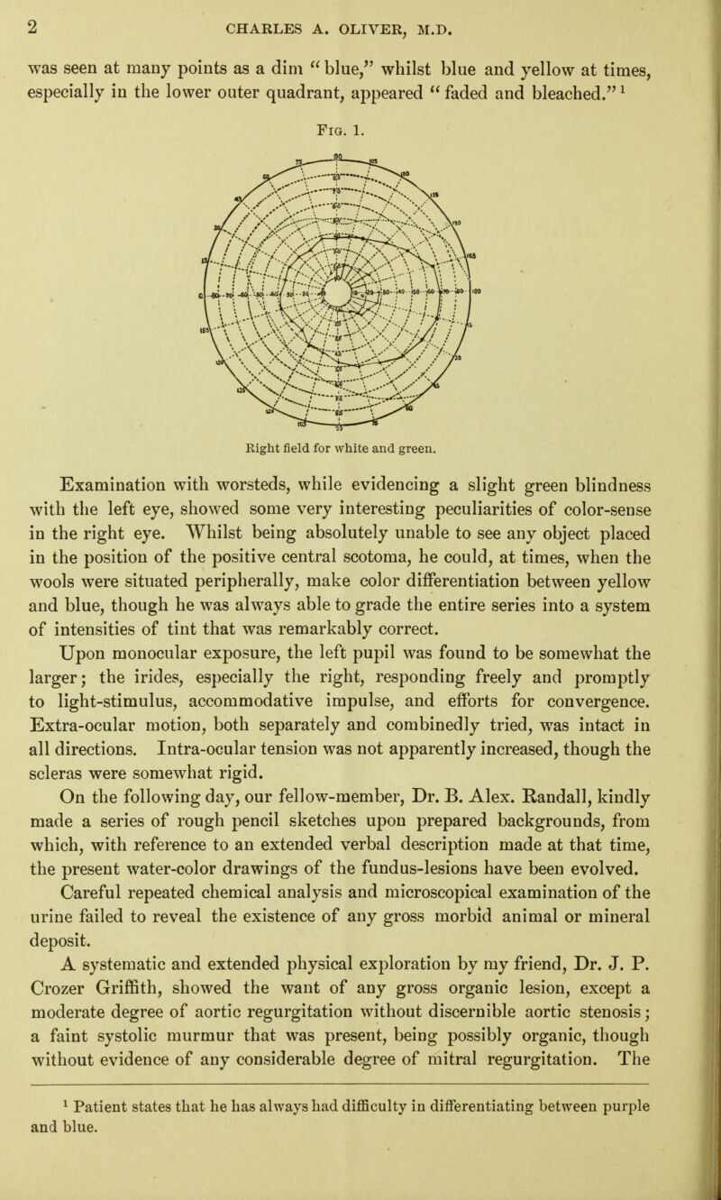 2 was seen at maDj points as a dim  blue/' whilst blue and yellow at times, especially in the lower outer quadrant, appeared  faded and bleached. ^ Fig. 1. Right field for white and green. Examination with worsteds, while evidencing a slight green blindness with the left eye, showed some very interesting peculiarities of color-sense in the right eye. Whilst being absolutely unable to see any object placed in the position of the positive central scotoma, he could, at times, when the wools were situated peripherally, make color differentiation between yellow and blue, though he was always able to grade the entire series into a system of intensities of tint that was remarkably correct. Upon monocular exposure, the left pupil was found to be somewhat the larger; the irides, especially the right, responding freely and promptly to light-stimulus, accommodative impulse, and efforts for convergence. Extra-ocular motion, both separately and combinedly tried, was intact in all directions. Intra-ocular tension was not apparently increased, though the scleras were somewhat rigid. On the following day, our fellow-member. Dr. B. Alex. Randall, kindly made a series of rough pencil sketches upon prepared backgrounds, from which, with reference to an extended verbal description made at that time, the present water-color drawings of the fundus-lesions have been evolved. Careful repeated chemical analysis and microscopical examination of the urine failed to reveal the existence of any gross morbid animal or mineral deposit. A systematic and extended physical exploration by my friend. Dr. J. P. Crozer Griffith, showed the want of any gross organic lesion, except a moderate degree of aortic regurgitation without discernible aortic stenosis; a faint systolic murmur that was present, being possibly organic, though without evidence of any considerable degree of mitral regurgitation. The ^ Patient states that he has always had difficulty in differentiating between purple and blue.