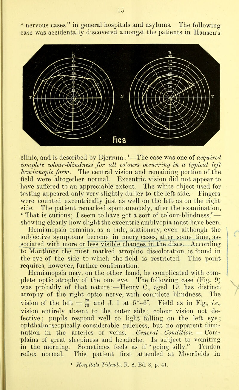  uervous cases  in general hospitals and asylums. The following case was accidentally discovered amongst the patients in Hansen's clinic, and is described by Bjerrnm:'—The case was one of acquired complete colour-hlindness for all colours occurring in a tjuncal left hcmianopic form. The central vision and remaining portion of the field were altogether normal. Excentric vision did not a])pear to have suffered to an appreciable extent. The white object used for testing appeared only verv slightly duller to the left side. Fingers were counted excentrically just as well on the left as on the right side. The patient remarked spontaneously, after the examination, That is curious; I seem to have got a sort of colour-blindness,— showing clearly how slight the excentric amblyopia must have been. Hemianopsia remains, as a rule, stationary, even although the subjective symptoms become in many cases, after some time, as- _sociated with more or less visible changes in the discs. According to Mauthner, the most marked atrophic discoloration is found in the eye of the side to which the field is restricted. This requires, however, further confirmation. Hemianopsia may, on the other hand, be complicated with com- plete optic atrophy of the one eye. I'he following case (Fig. 9) was probably of that nature:—Henry C, aged 19, has distinct atrophy of the right optic nerve, with complete blindness. 'J'he vision of the left = ^ and J. 1 at Field as in Fig., i.e., vision entirely absent to the outer side ; colour vision not de- fective ; pupils respond well to light falling on the left eye; ophthalmoscopically considerable paleness, but no apparent dimi- nution in the arteries or veins. General Condition. — Com- plains of great sleepiness and headache. Is subject to vomiting in the morning. Sometimes feels as if going silly. Tendon reflex normaL This patient first attended at Moorfields in 1 Hospitals Tidende, R. 2, Bd. 8, p. 41.