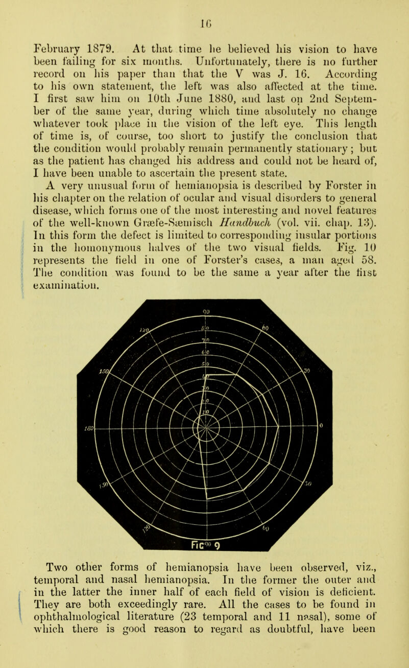 JG February 1879. At tliat time he believed his vision to have been failing for six months. Unfortunately, there is no further record on his paper than that the V was J. 16. According to his own statement, the left was also affected at the time. I first saw him on 10th June 1880, and last on 2nd Se[)tem- ber of the same year, during which time absolutely no change whatever took place in the vision of the left eye. This length of time is, of course, too short to justify the conclusion that the condition would probably reniain permanently stationary ; but as the patient has changed his address and could not be Inward of, I have been unable to ascertain the present state. A very unusual form of hemianopsia is described by Forster in Ids chapter on the relation of ocular and visual disorders to general disease, which forms one of the most interesting and novel features of the well-known Griefe-Scemisch Handhuch (vol. vii. chap. 13). In this form the defect is limited to corresponding insular portions in the homonymous halves of the two visual fields. Fig. 10 represents the field in one of Forster's cases, a man aged 58. The condition was found to be the same a year after the tiist examination. Two other forms of hemianopsia have been observed, viz., temporal and nasal hemianopsia. In the former the outer and in the latter the inner half of each field of vision is deficient. They are both exceedingly rare. All the cases to be found in Ophthalmological literature (23 temporal and 11 np.sal), some of which there is good reason to regard as doubtful, have been