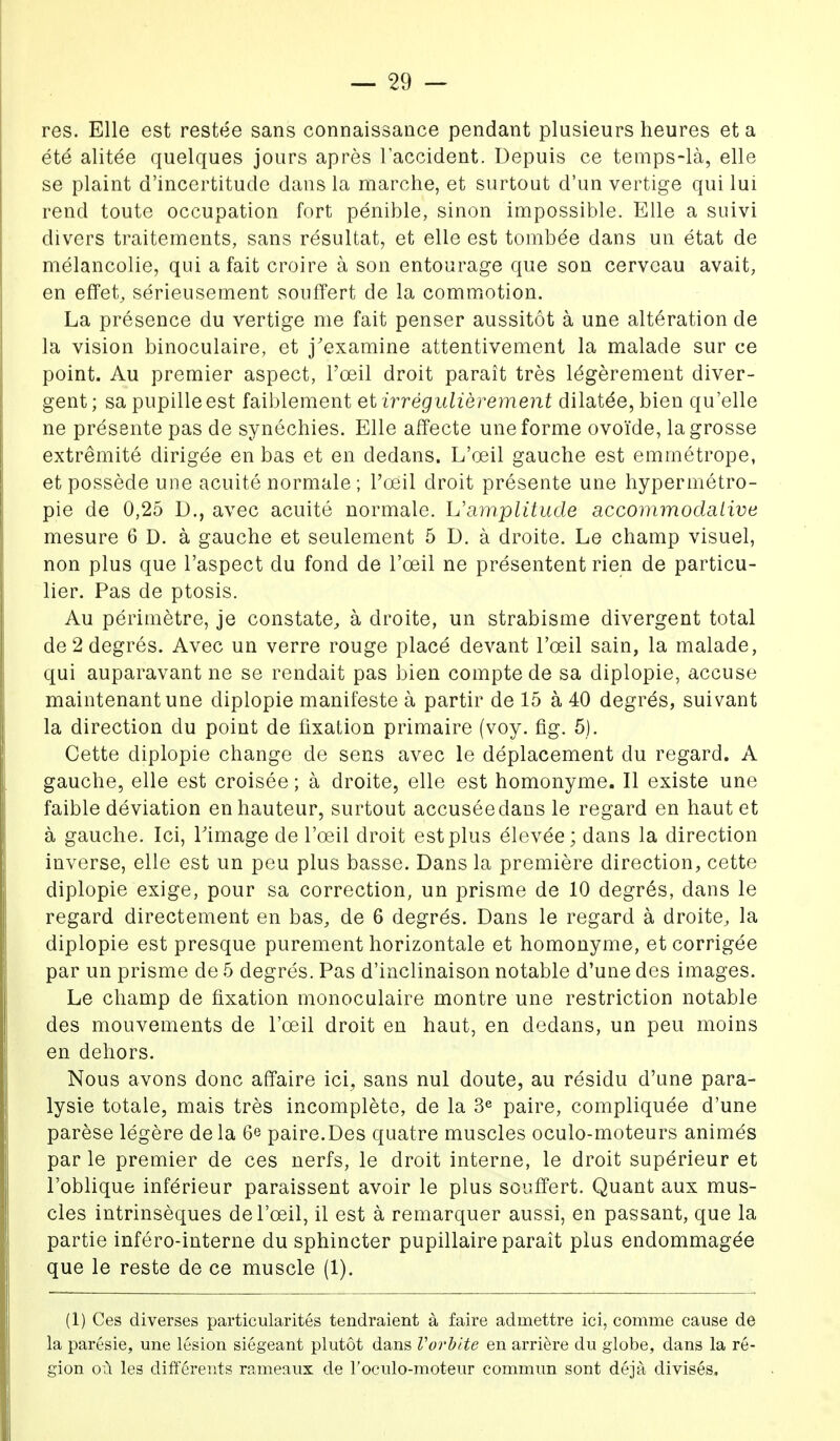 res. Elle est restée sans connaissance pendant plusieurs heures et a été alitée quelques jours après l'accident. Depuis ce temps-là, elle se plaint d'incertitude dans la marche, et surtout d'un vertige qui lui rend toute occupation fort pénible, sinon impossible. Elle a suivi divers traitements, sans résultat, et elle est tombée dans un état de mélancolie, qui a fait croire à son entourage que son cerveau avait, en effet, sérieusement souffert de la commotion. La présence du vertige me fait penser aussitôt à une altération de la vision binoculaire, et j'examine attentivement la malade sur ce point. Au premier aspect, l'œil droit paraît très légèrement diver- gent; sa pupille est faiblement et irrégulièrement dilatée, bien qu'elle ne présente pas de synéchies. Elle affecte une forme ovoïde, la grosse extrémité dirigée en bas et en dedans. L'œil gauche est emmétrope, et possède une acuité normale ; l'œil droit présente une hypermétro- pie de 0,25 D., avec acuité normale. Uamplitude accommodative mesure 6 D. à gauche et seulement 5 D. à droite. Le champ visuel, non plus que l'aspect du fond de l'œil ne présentent rien de particu- lier. Pas de ptosis. Au périmètre, je constate, à droite, un strabisme divergent total de 2 degrés. Avec un verre rouge placé devant l'œil sain, la malade, qui auparavant ne se rendait pas bien compte de sa diplopie, accuse maintenant une diplopie manifeste à partir de 15 à 40 degrés, suivant la direction du point de fixation primaire (voy. fig. 5). Cette diplopie change de sens avec le déplacement du regard. A gauche, elle est croisée ; à droite, elle est homonyme. Il existe une faible déviation en hauteur, surtout accusée dans le regard en haut et à gauche. Ici, l'image de l'œil droit est plus élevée; dans la direction inverse, elle est un peu plus basse. Dans la première direction, cette diplopie exige, pour sa correction, un prisme de 10 degrés, dans le regard directement en bas, de 6 degrés. Dans le regard à droite, la diplopie est presque purement horizontale et homonyme, et corrigée par un prisme de 5 degrés. Pas d'inclinaison notable d'une des images. Le champ de fixation monoculaire montre une restriction notable des mouvements de l'œil droit en haut, en dedans, un peu moins en dehors. Nous avons donc affaire ici, sans nul doute, au résidu d'une para- lysie totale, mais très incomplète, de la 3e paire, compliquée d'une parèse légère delà 6e paire.Des quatre muscles oculo-moteurs animés parle premier de ces nerfs, le droit interne, le droit supérieur et l'oblique inférieur paraissent avoir le plus souffert. Quant aux mus- cles intrinsèques de l'œil, il est à remarquer aussi, en passant, que la partie inféro-interne du sphincter pupillaire paraît plus endommagée que le reste de ce muscle (1). (1) Ces diverses particularités tendraient à faire admettre ici, comme cause de la parésie, une lésion siégeant plutôt dans l'orbite en arrière du globe, dans la ré- gion où les différents rameaux de l'oculo-moteur commun sont déjà divisés.