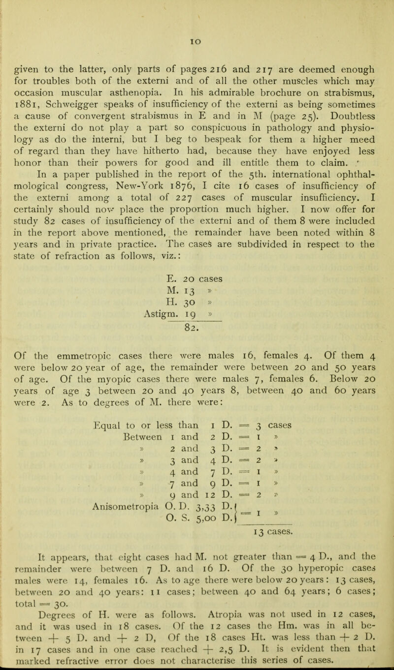 IO given to the latter, only parts of pages 216 and 217 are deemed enough for troubles both of the externi and of all the other muscles which may occasion muscular asthenopia. In his admirable brochure on strabismus, 1881, Schweigger speaks of insufficiency of the externi as being sometimes a cause of convergent strabismus in E and in M (page 25). Doubtless the externi do not play a part so conspicuous in pathology and physio- logy as do the interni, but I beg to bespeak for them a higher meed of regard than they have hitherto had, because they have enjoyed less honor than their powers for good and ill entitle them to claim. * In a paper published in the report of the 5th. international ophthal- mological congress, New-York 1876, I cite 16 cases of insufficiency of the externi among a total of 227 cases of muscular insufficiency. I certainly should now place the proportion much higher. I now offer for study 82 cases of insufficiency of the externi and of them 8 were included in the report above mentioned, the remainder have been noted within 8 years and in private practice. The case& are subdivided in respect to the state of refraction as follows, viz.: E. 20 cases M. 13 » H. 30 » Astigm. 1 9 » 82] Of the emmetropic cases there were males 16, females 4. Of them 4 were below 20 year of age, the remainder were between 20 and 50 years of age. Of the myopic cases there were males 7, females 6. Below 20 years of age 3 between 20 and 40 years 8, between 40 and 60 years were 2. As to degrees of M. there were: Equal to or less than 1 D. = 3 cases Between 1 and 2 D. — 1 » 2 and 3 D. 2 » » 3 and 4 D. — 2 > » 4 and 7 D. == 1 » » 7 and 9 D. === 1 » o, and 12 D. —■ 2 Anisometropia O.D. 3,33 D.| 0. S. 5,00 D.J = 1 » 13 cases. It appears, that eight cases had M. not greater than = 4 D., and the remainder were between 7 D. and 16 D. Of the 30 hyperopic cases males were 14, females 16. As to age there were below 20 years : 13 cases, between 20 and 40 years: 11 cases; between 40 and 64 years; 6 cases; total — 30. Degrees of H. wore as follows. Atropia was not used in 12 cases, and it was used in 18 cases. Of the 12 cases the Hm. was in all be- tween -j- 5 D. and -f- 2 D, Of the 18 cases Ht. was less than -f- 2 D. in 17 cases and in one case reached + 2»5 D. It is evident then that marked refractive error does not characterise this series of cases.