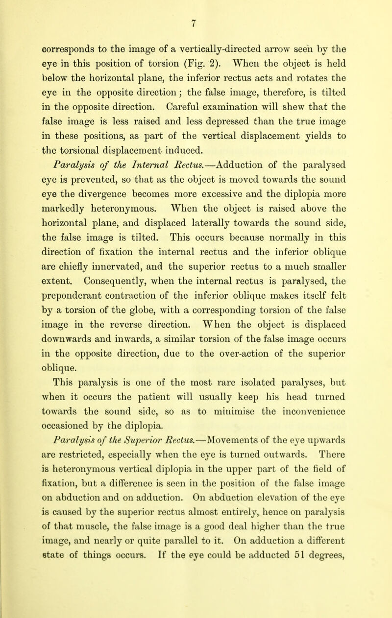 corresponds to the image of a vertically-directed arrow seen by the eye in this position of torsion (Fig. 2). When the object is held below the horizontal plane, the inferior rectus acts and rotates the eye in the opposite direction; the false image, therefore, is tilted in the opposite direction. Careful examination will shew that the false image is less raised and less depressed than the true image in these positions, as part of the vertical displacement yields to the torsional displacement induced. Paralysis of the Internal Rectus.—Adduction of the paralysed eye is prevented, so that as the object is moved towards the sound eye the divergence becomes more excessive and the diplopia more markedly heteronymous. When the object is raised above the horizontal plane, and displaced laterally towards the sound side, the false image is tilted. This occurs because normally in this direction of fixation the internal rectus and the inferior oblique are chiefly innervated, and the superior rectus to a much smaller extent. Consequently, when the internal rectus is paralysed, the preponderant contraction of the inferior oblique makes itself felt by a torsion of the globe, with a corresponding torsion of the false image in the reverse direction. When the object is displaced downwards and inwards, a similar torsion of the false image occurs in the opposite direction, due to the over-action of the superior oblique. This paralysis is one of the most rare isolated paralyses, but when it occurs the patient will usually keep his head turned towards the sound side, so as to minimise the inconvenience occasioned by the diplopia. Paralysis of the Superior Rectus.—Movements of the eye upwards are restricted, especially when the eye is turned outwards. There is heteronymous vertical diplopia in the upper part of the field of fixation, but a difference is seen in the position of the false image on abduction and on adduction. On abduction elevation of the eye is caused by the superior rectus almost entirely, hence on paralysis of that muscle, the false image is a good deal higher than the true image, and nearly or quite parallel to it. On adduction a different state of things occurs. If the eye could be adducted 51 degrees,