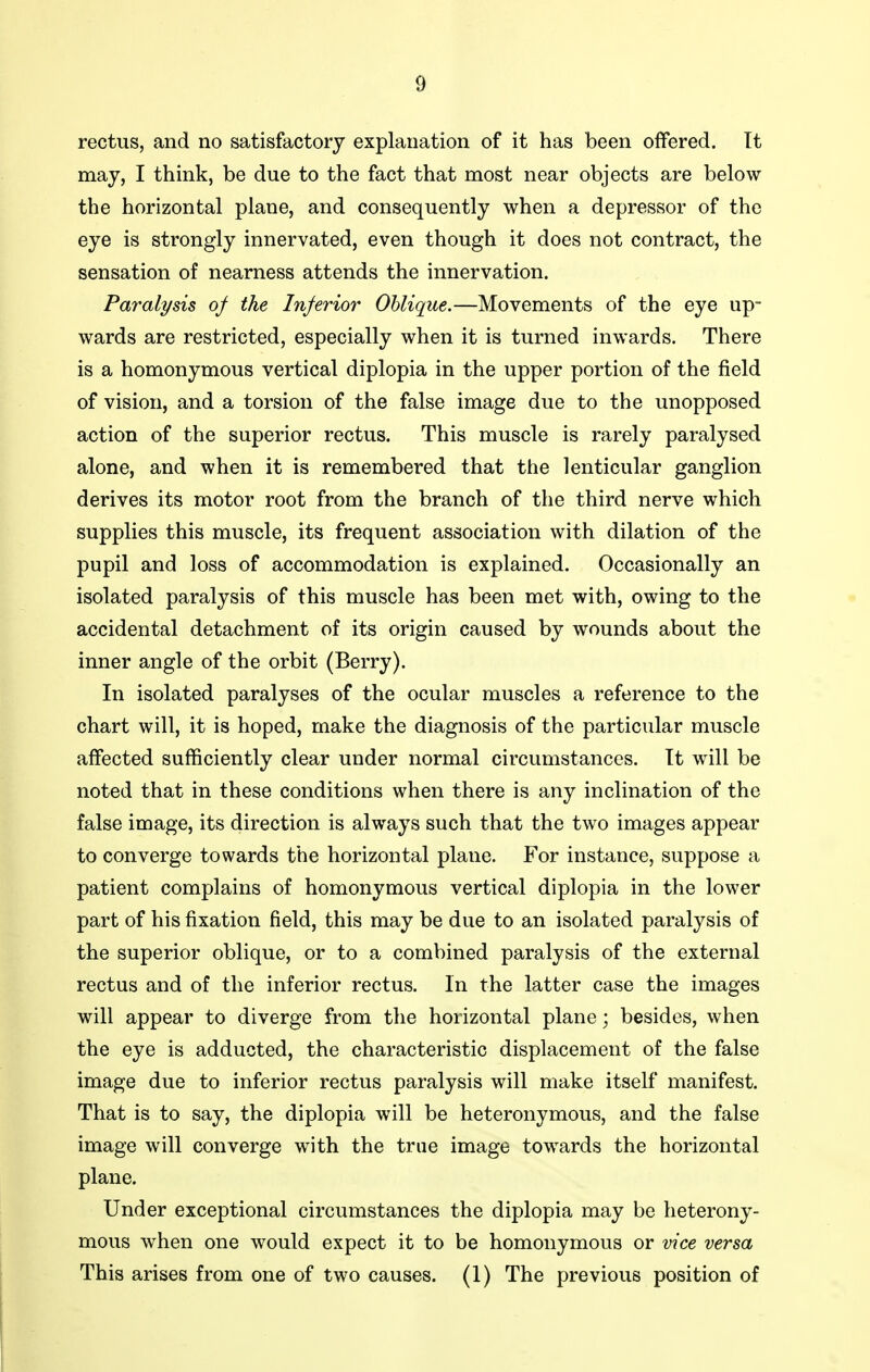 rectus, and no satisfactory explanation of it has been offered. It may, I think, be due to the fact that most near objects are below the horizontal plane, and consequently when a depressor of the eye is strongly innervated, even though it does not contract, the sensation of nearness attends the innervation. Paralysis of the Inferior Oblique.—Movements of the eye up- wards are restricted, especially when it is turned inwards. There is a homonymous vertical diplopia in the upper portion of the field of vision, and a torsion of the false image due to the unopposed action of the superior rectus. This muscle is rarely paralysed alone, and when it is remembered that the lenticular ganglion derives its motor root from the branch of the third nerve which supplies this muscle, its frequent association with dilation of the pupil and loss of accommodation is explained. Occasionally an isolated paralysis of this muscle has been met with, owing to the accidental detachment of its origin caused by wounds about the inner angle of the orbit (Berry). In isolated paralyses of the ocular muscles a reference to the chart will, it is hoped, make the diagnosis of the particular muscle affected sufficiently clear under normal circumstances. It will be noted that in these conditions when there is any inclination of the false image, its direction is always such that the two images appear to converge towards the horizontal plane. For instance, suppose a patient complains of homonymous vertical diplopia in the lower part of his fixation field, this may be due to an isolated paralysis of the superior oblique, or to a combined paralysis of the external rectus and of the inferior rectus. In the latter case the images will appear to diverge from the horizontal plane; besides, when the eye is adducted, the characteristic displacement of the false image due to inferior rectus paralysis will make itself manifest. That is to say, the diplopia will be heteronymous, and the false image will converge with the true image towards the horizontal plane. Under exceptional circumstances the diplopia may be heterony- mous when one would expect it to be homonymous or vice versa This arises from one of two causes. (1) The previous position of