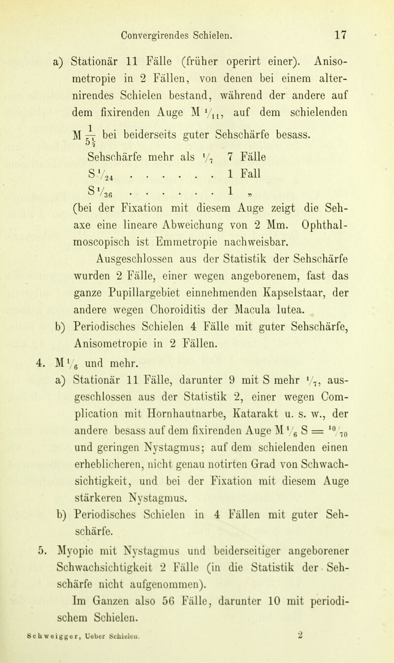 a) Stationär 11 Fälle (früher operirt einer). Aniso- metropie in 2 Fällen, von denen bei einem alter- nirendes Schielen bestand, während der andere auf dem fixirenden Auge M V^j, auf dem schielenden M bei beiderseits guter Sehschärfe besass. (bei der Fixation mit diesem Auge zeigt die Seh- axe eine lineare Abweichung von 2 Mm. Ophthal- moscopisch ist Emmetropie nachweisbar. Ausgeschlossen aus der Statistik der Sehschärfe wurden 2 Fälle, einer wegen angeborenem, fast das ganze Pupillargebiet einnehmenden Kapselstaar, der andere wegen Choroiditis der Macula lutea, b) Periodisches Schielen 4 Fälle mit guter Sehschärfe, Anisometropie in 2 Fällen. 4. MVe und mehr. a) Stationär 11 Fälle, darunter 9 mit S mehr aus- geschlossen aus der Statistik 2, einer wegen Com- plication mit Hornhautnarbe, Katarakt u. s. w., der andere besass auf dem fixirenden Auge M Ve S = und geringen Nystagmus; auf dem schielenden einen erheblicheren, nicht genau notirten Grad von Schwach- sichtigkeit, und bei der Fixation mit diesem Auge stärkeren Nystagmus. b) Periodisches Schielen in 4 Fällen mit guter Seh- schärfe. 5. Myopie mit Nystagmus und beiderseitiger angeborener Schwachsichtigkeit 2 Fälle (in die Statistik der Seh- schärfe nicht aufgenommen). Im Ganzen also 56 Fälle, darunter 10 mit periodi- schem Schielen. 5^ Sehschärfe mehr als y 7 Fälle 1 Fall 1 Scliweigger, Ueber iScMeleu. 2