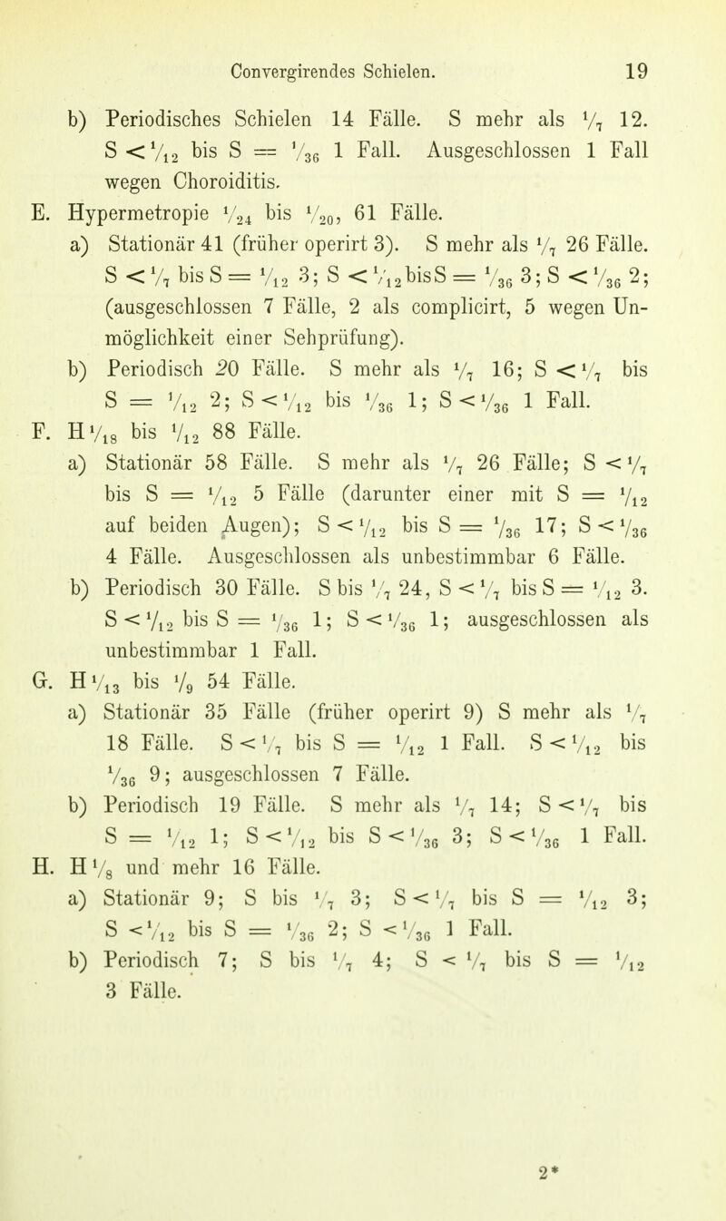 b) Periodisches Schielen 14 Fälle. S mehr als V7 12. S<Vi2 bis S = V36 1 Fall. Ausgeschlossen 1 Fall wegen Choroiditis. E. Hypermetropie V24 bis V20, 61 Fälle. a) Stationär 41 (früher operirt 3). S naehr als \\ 26 Fälle. S < V7 bis S = %2 3; S < Vi2bisS = V33 3; S < 2; (ausgeschlossen 7 Fälle, 2 als complicirt, 5 wegen Un- möglichkeit einer Sehprüfung). b) Periodisch 20 Fälle. S mehr als 16; S <\\ bis S = Vi2 2; S<Vi2 bis 1; S < 1 Fall. F. HV18 bis V12 88 Fälle. a) Stationär 58 Fälle. S mehr als V7 26 Fälle; S < bis S = Vi 2 ^ Fälle (darunter einer mit S = V^o auf beiden Augen); S<Vi._, bis S= Vse S < Vgg 4 Fälle. Ausgeschlossen als unbestimmbar 6 Fälle. b) Periodisch 30 Fälle. S bis V7 24, S < V7 bis S = 3. 5 < bis S = 1; S<V36 1; ausgeschlossen als unbestimmbar 1 Fall. G. HVi3 bis V9 54 Fälle. a) Stationär 35 Fälle (früher operirt 9) S mehr als V7 18 Fälle. S<V7 bis S = V12 1 Fall. S<Vi2 bis V36 9; ausgeschlossen 7 Fälle. b) Periodisch 19 Fälle. S mehr als V7 14; S < V7 bis S = \\, 1; S<V,2 bis S<V36 3; S < V36 1 Fall. H. HVs und mehr 16 Fälle. a) Stationär 9; S bis V7 3; S < V7 bis S = V12 3; S <Vi2 bis S = V36 2; S <V36 1 Fall. b) Periodisch 7; S bis 4; S < V7 bis S = Vi2 3 Fälle. 2*