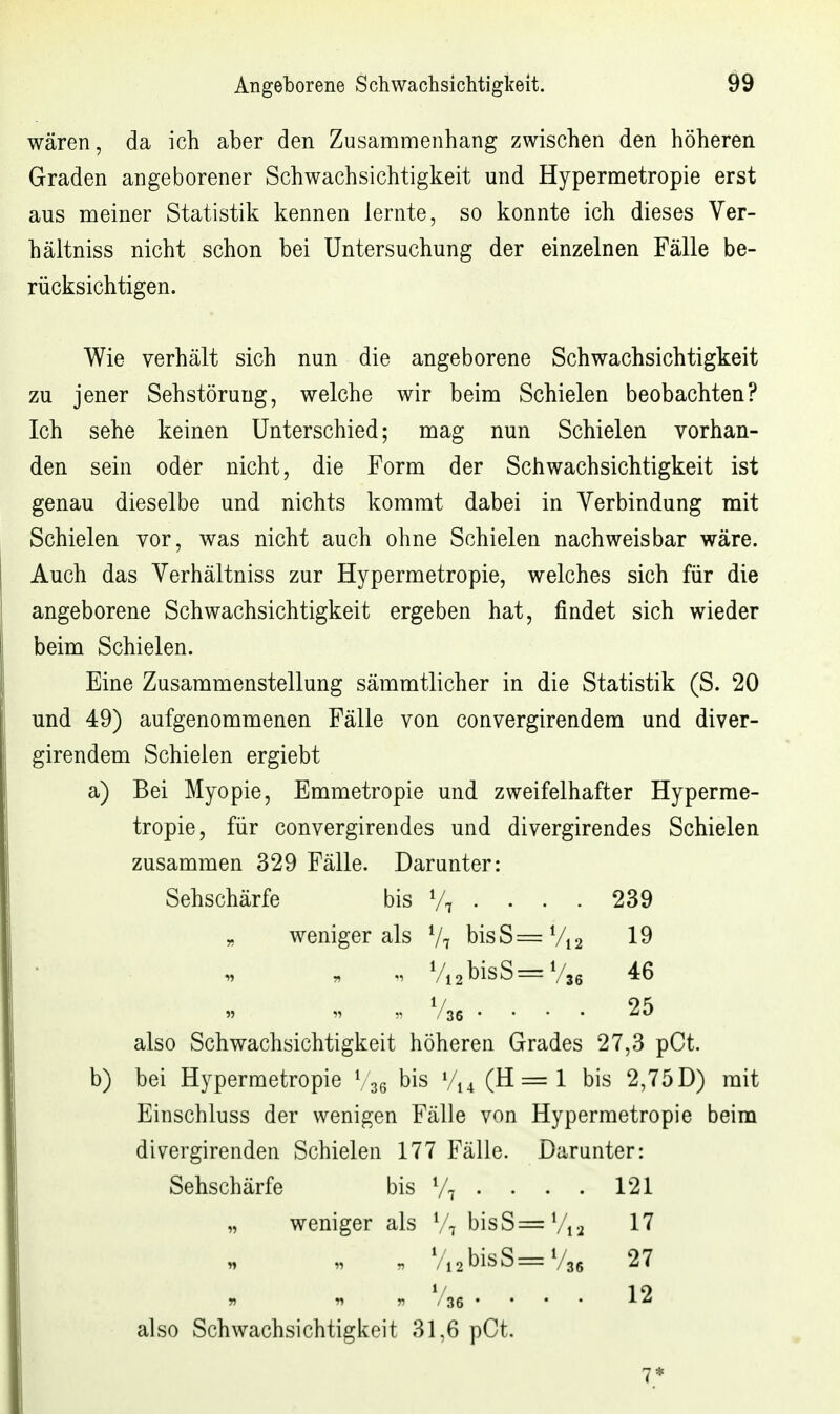 wären, da ich aber den Zusammenhang zwischen den höheren Graden angeborener Schwachsichtigkeit und Hypermetropie erst aus meiner Statistik kennen lernte, so konnte ich dieses Ver- hältniss nicht schon bei Untersuchung der einzelnen Fälle be- rücksichtigen. Wie verhält sich nun die angeborene Schwachsichtigkeit zu jener Sehstörung, welche wir beim Schielen beobachten? Ich sehe keinen Unterschied; mag nun Schielen vorhan- den sein oder nicht, die Form der Schwachsichtigkeit ist genau dieselbe und nichts kommt dabei in Verbindung mit Schielen vor, was nicht auch ohne Schielen nachweisbar wäre. Auch das Verhältniss zur Hypermetropie, welches sich für die angeborene Schwachsichtigkeit ergeben hat, findet sich wieder beim Schielen. Eine Zusammenstellung sämmtlicher in die Statistik (S. 20 und 49) aufgenommenen Fälle von convergirendem und diver- girendem Schielen ergiebt a) Bei Myopie, Emmetropie und zweifelhafter Hyperme- tropie, für convergirendes und divergirendes Schielen zusammen 329 Fälle. Darunter: also Schwachsichtigkeit höheren Grades 27,3 pCt. b) bei Hypermetropie Vse bis V14 (H = 1 bis 2,75 D) mit Einschluss der wenigen Fälle von Hypermetropie beim divergirenden Schielen 177 Fälle. Darunter: Sehschärfe 239 19 46 25 12 36 Sehschärfe bis V7 • • • „ weniger als V7 bisS=V, „ Vi2bisS=V: 36 121 17 27 12 also Schwachsichtigkeit 31,6 pCt. 7*