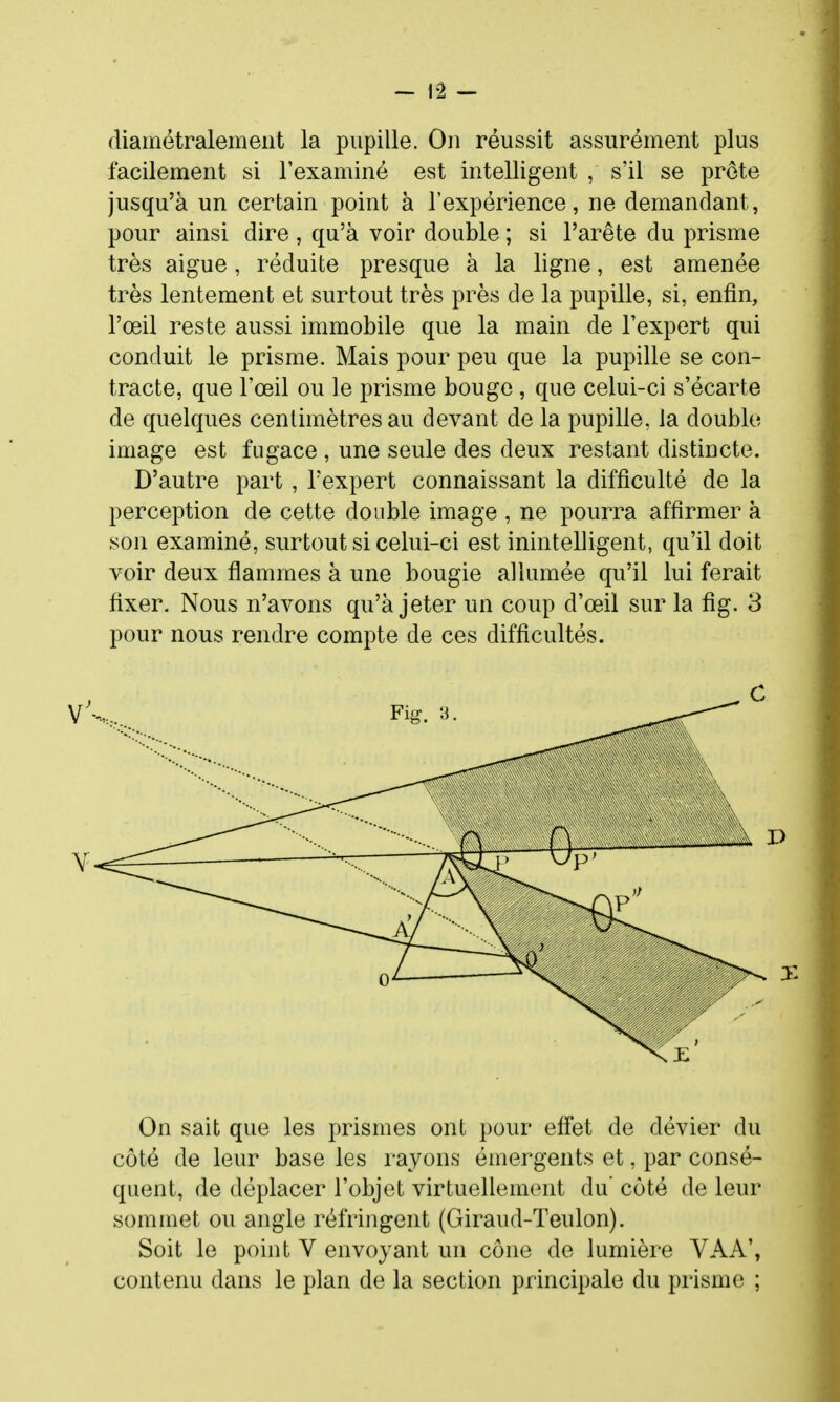 diamétralement la pupille. On réussit assurément plus facilement si l'examiné est intelligent , s'il se prête jusqu'à un certain point à l'expérience, ne demandant, pour ainsi dire , qu'à voir double ; si l'arête du prisme très aiguë, réduite presque à la ligne, est amenée très lentement et surtout très près de la pupille, si, enfin, l'œil reste aussi immobile que la main de l'expert qui conduit le prisme. Mais pour peu que la pupille se con- tracte, que l'œil ou le prisme bouge , que celui-ci s'écarte de quelques centimètres au devant de la pupille, ia double image est fugace , une seule des deux restant distincte. D'autre part , l'expert connaissant la difficulté de la perception de cette double image , ne pourra affirmer à son examiné, surtout si celui-ci est inintelligent, qu'il doit voir deux flammes à une bougie allumée qu'il lui ferait fixer. Nous n'avons qu'à jeter un coup d'œil sur la fig. 3 pour nous rendre compte de ces difficultés. On sait que les prismes ont pour effet de dévier du côté de leur base les rayons émergents et, par consé- quent, de déplacer l'objet virtuellement du' coté de leur sommet ou angle réfringent (Giraud-Teulon). Soit le point V envoyant un cône de lumière VAA', contenu dans le plan de la section principale du prisme ;